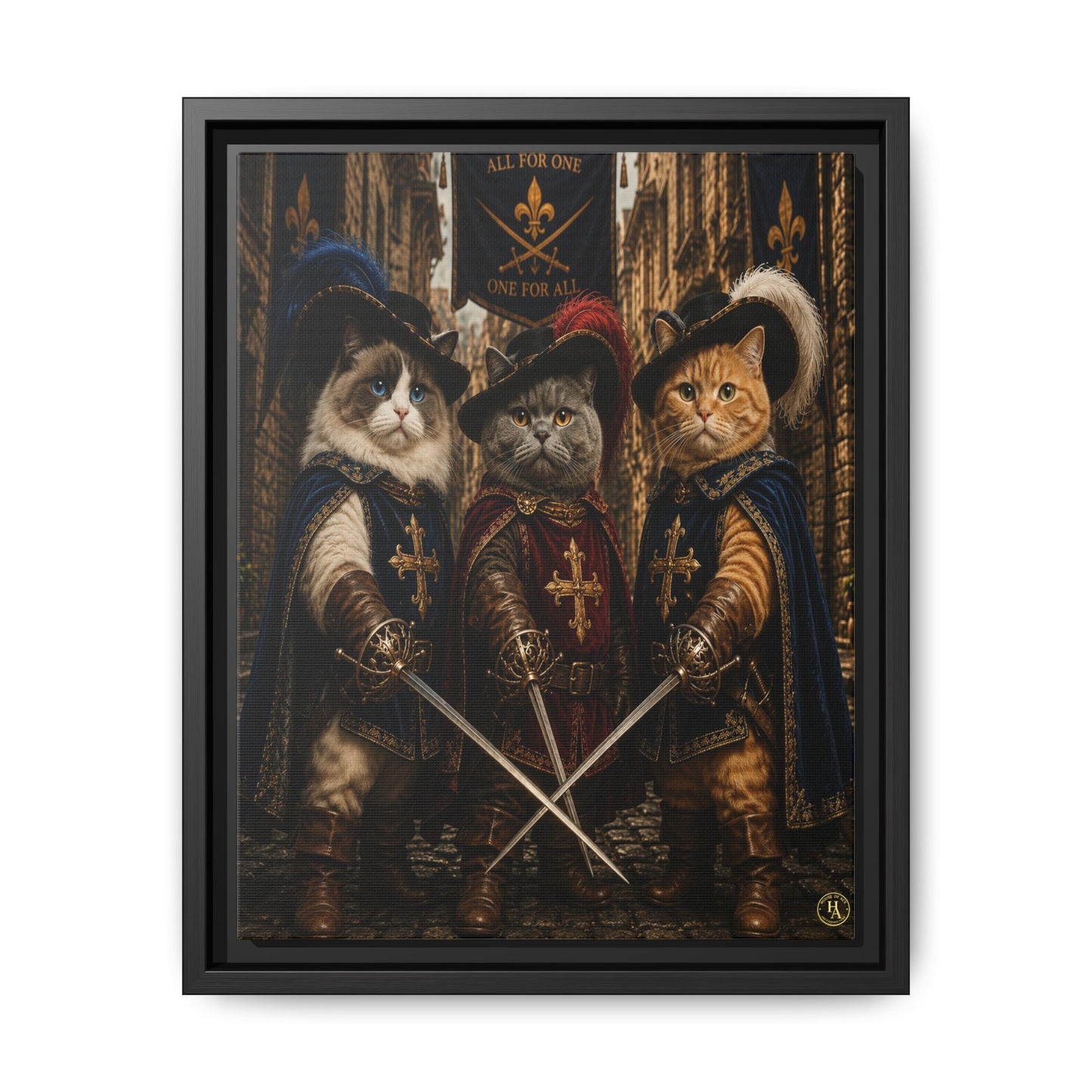 3 Musketeer Cats (The Three Musker Paws) – All for One, One for All Framed Canvas by House of Ace