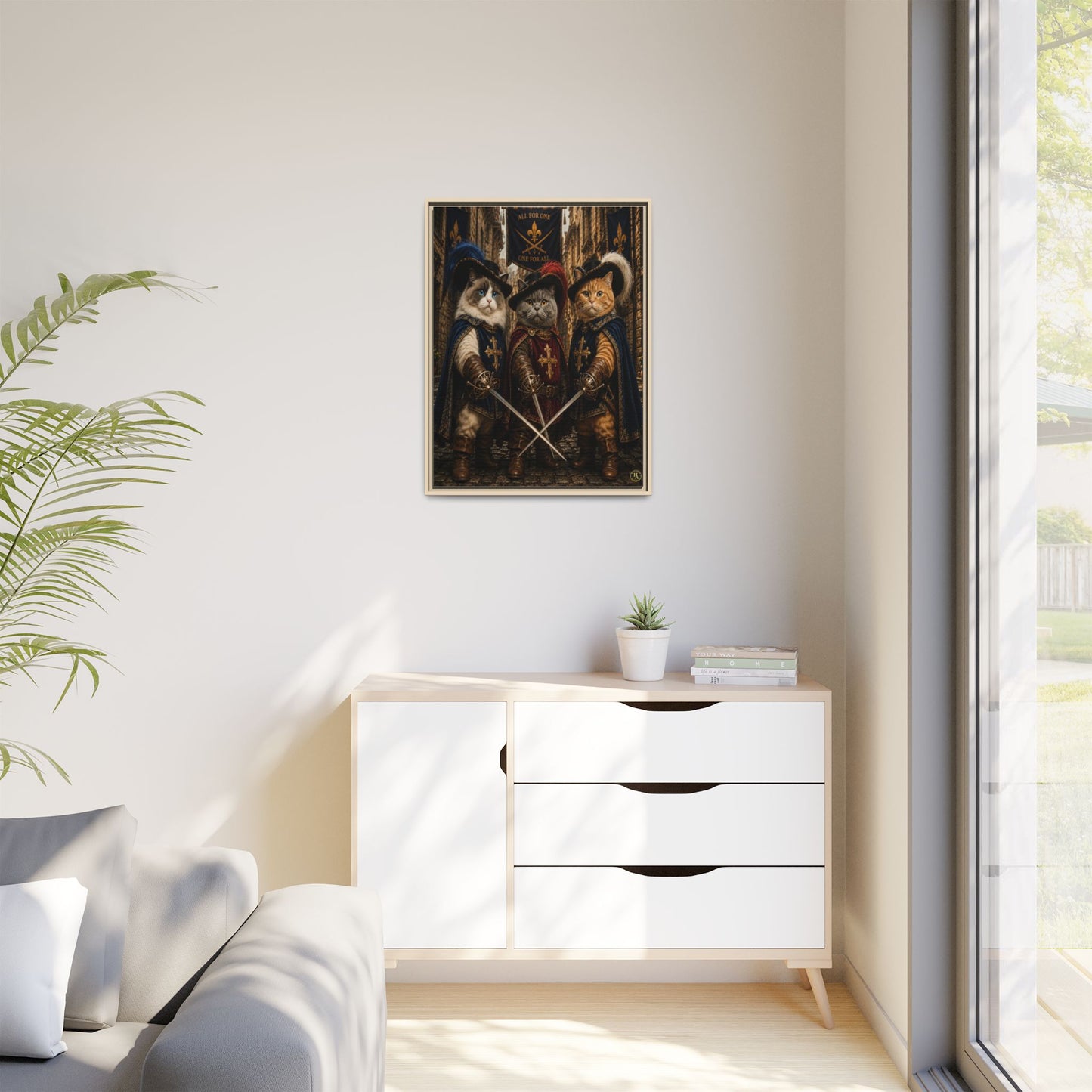 3 Musketeer Cats (The Three Musker Paws) – All for One, One for All Framed Canvas by House of Ace