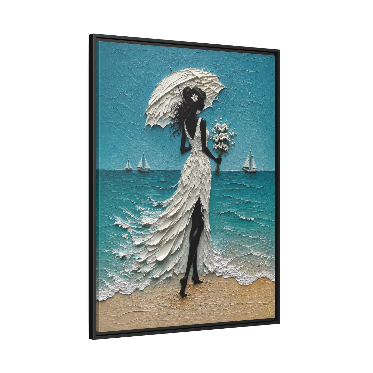 Romantic Beach Lady Framed Canvas Print — Matte Seaside Wall Art