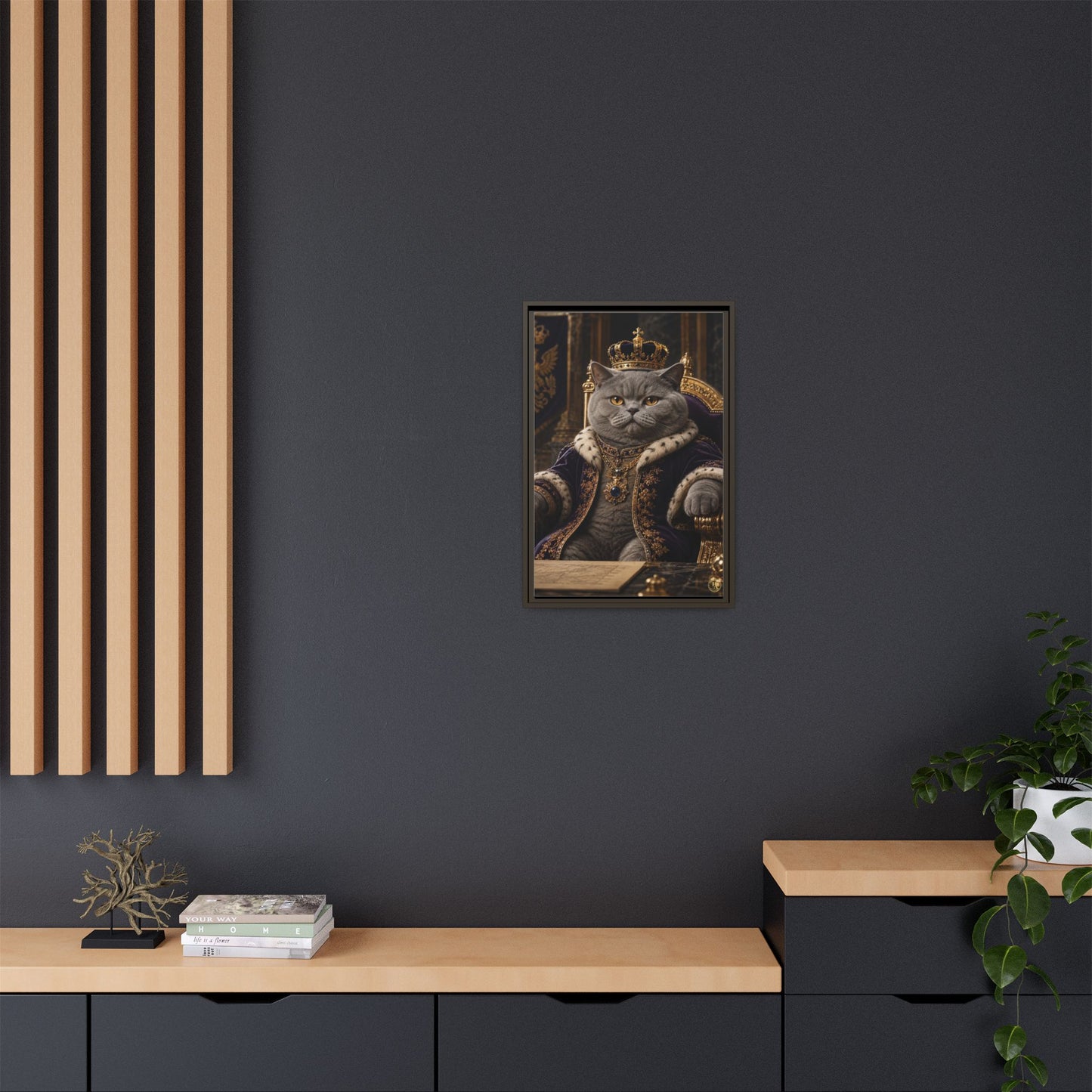 Regal British Shorthair Cat Portrait Framed Canvas — His Royal Whiskers Cat Wall Art  by House of Ace