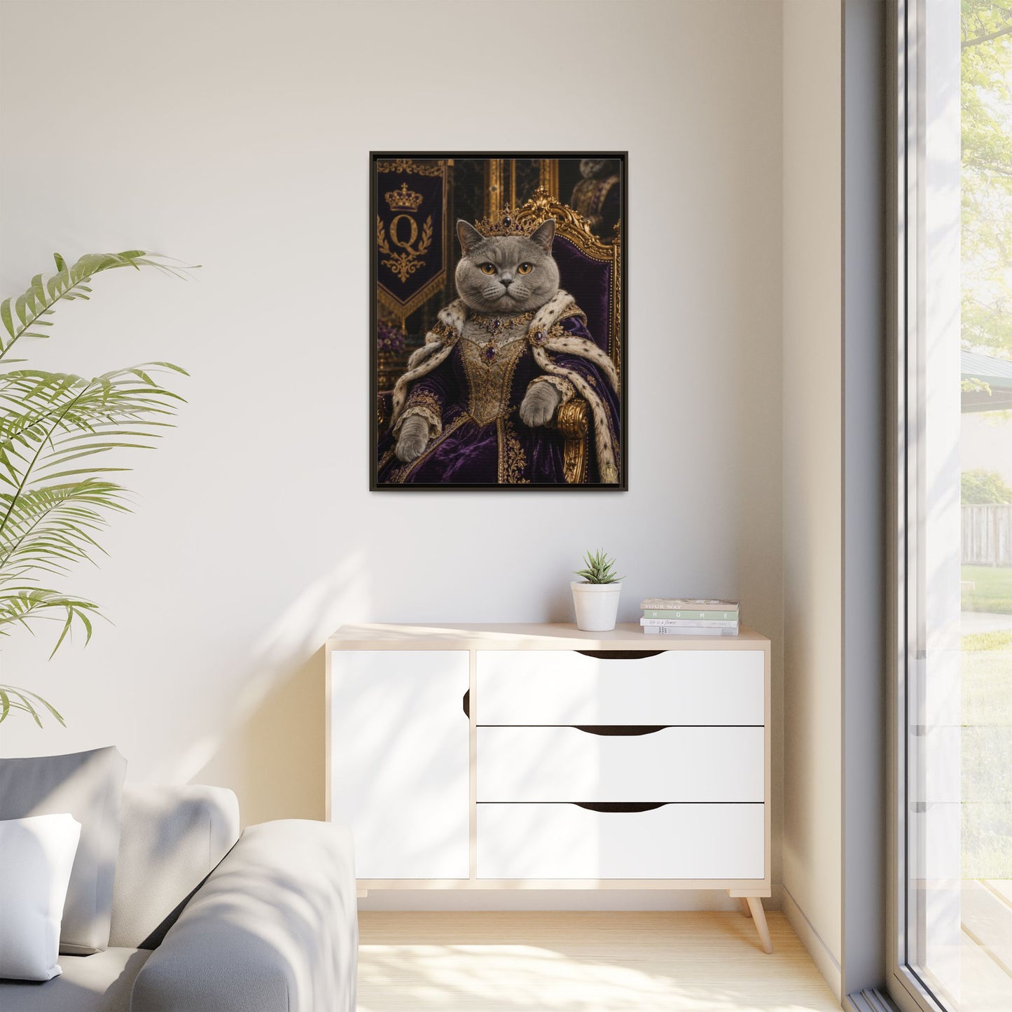Crimson Queen Whiskers – Regal British Shorthair Framed Canvas by House of Ace Regal Cat Portrait Canvas