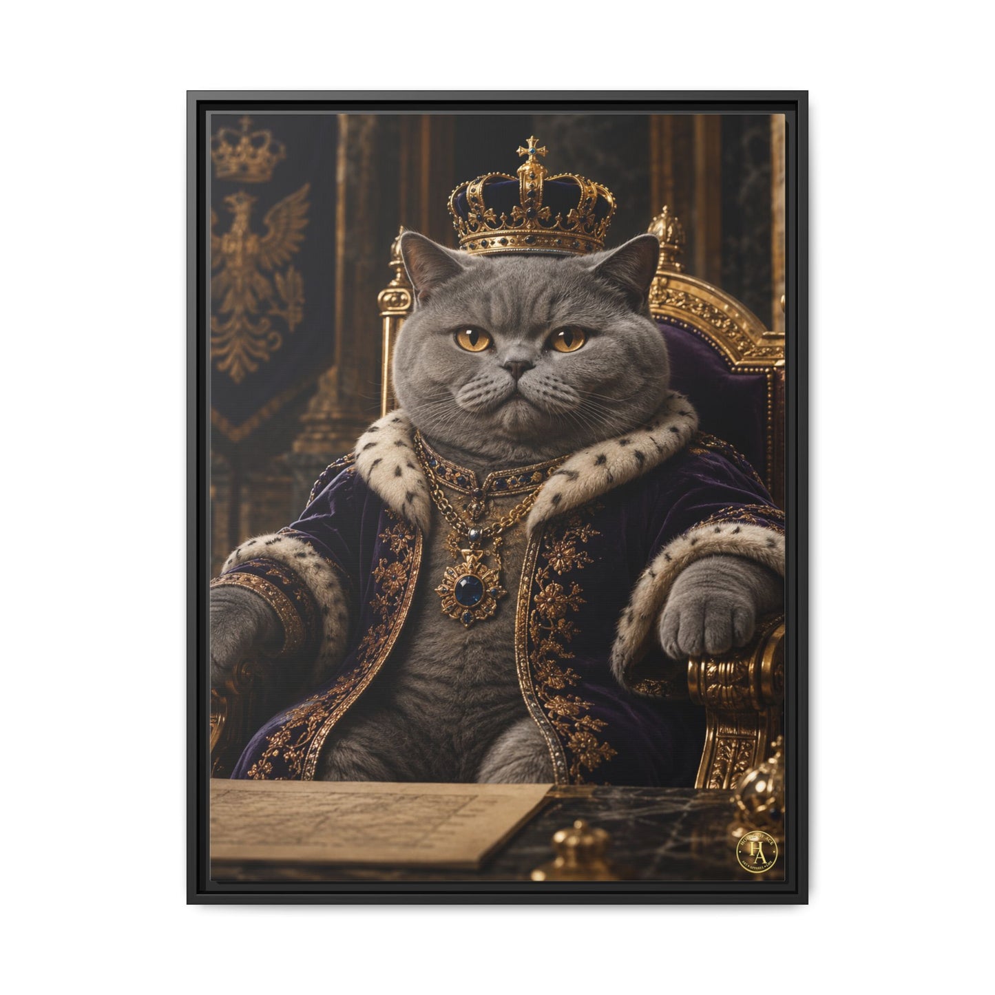 Regal British Shorthair Cat Portrait Framed Canvas — His Royal Whiskers Cat Wall Art  by House of Ace