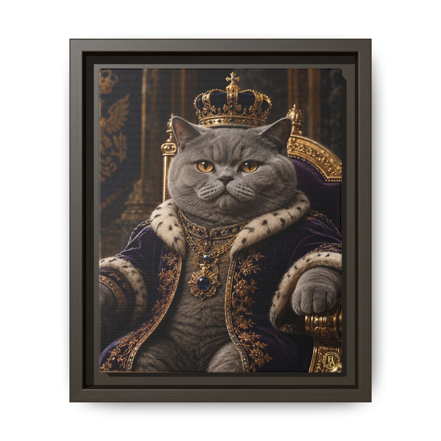 Regal British Shorthair Cat Portrait Framed Canvas — His Royal Whiskers Cat Wall Art  by House of Ace