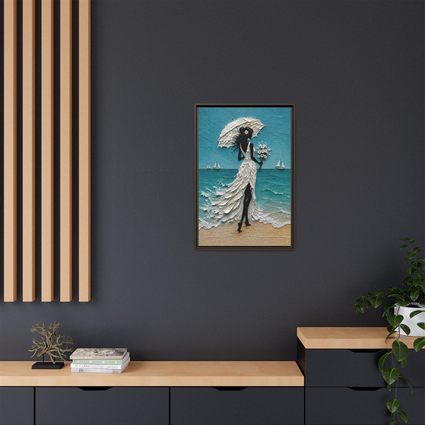 Romantic Beach Lady Framed Canvas Print — Matte Seaside Wall Art