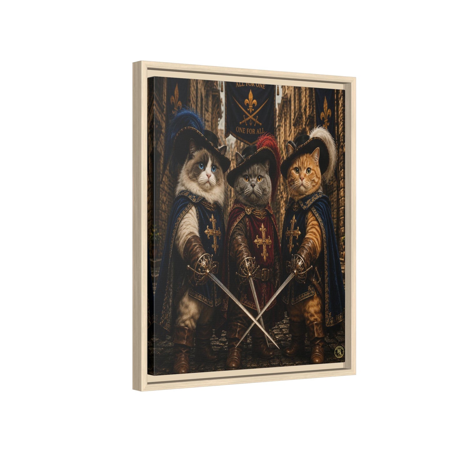3 Musketeer Cats (The Three Musker Paws) – All for One, One for All Framed Canvas by House of Ace