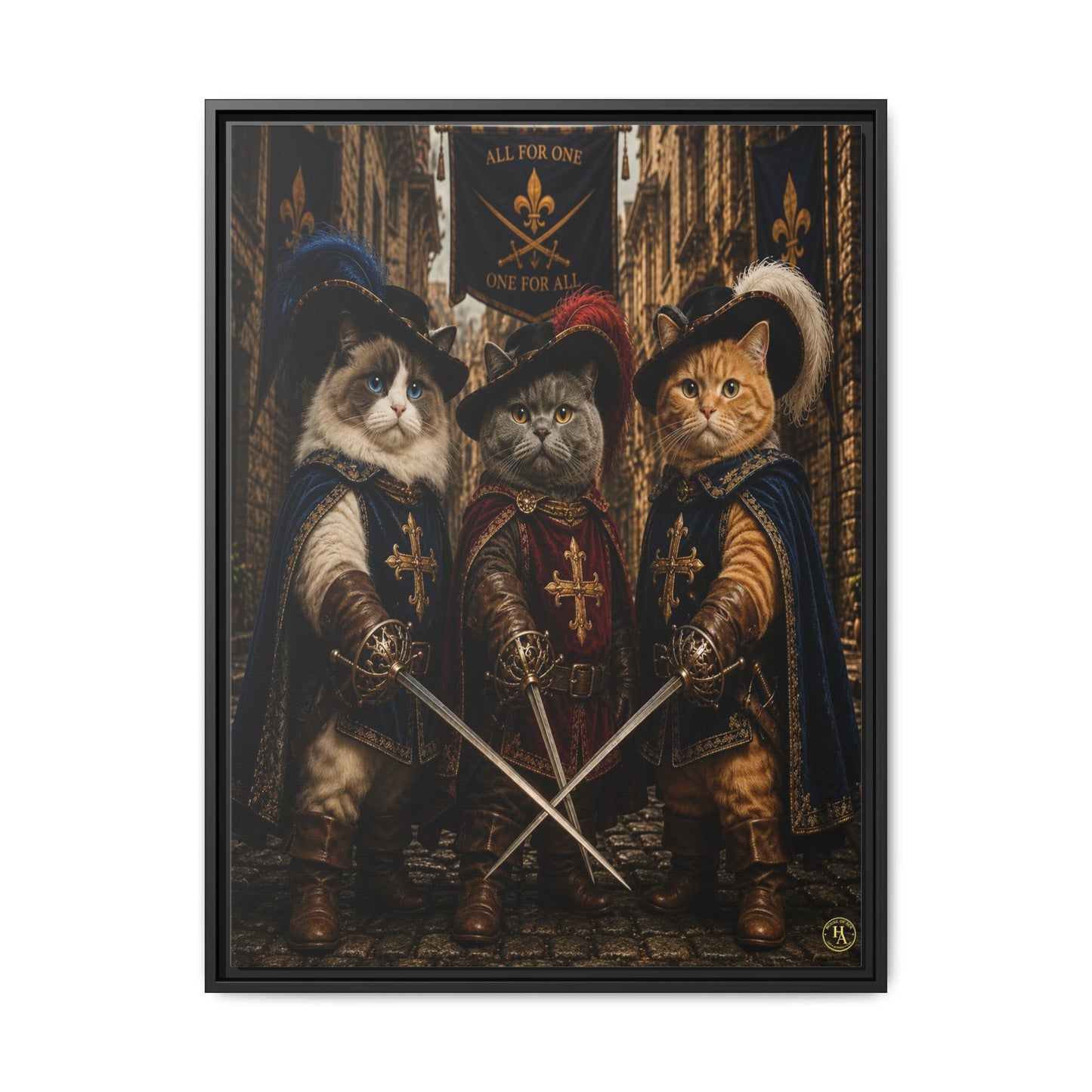 3 Musketeer Cats (The Three Musker Paws) – All for One, One for All Framed Canvas by House of Ace