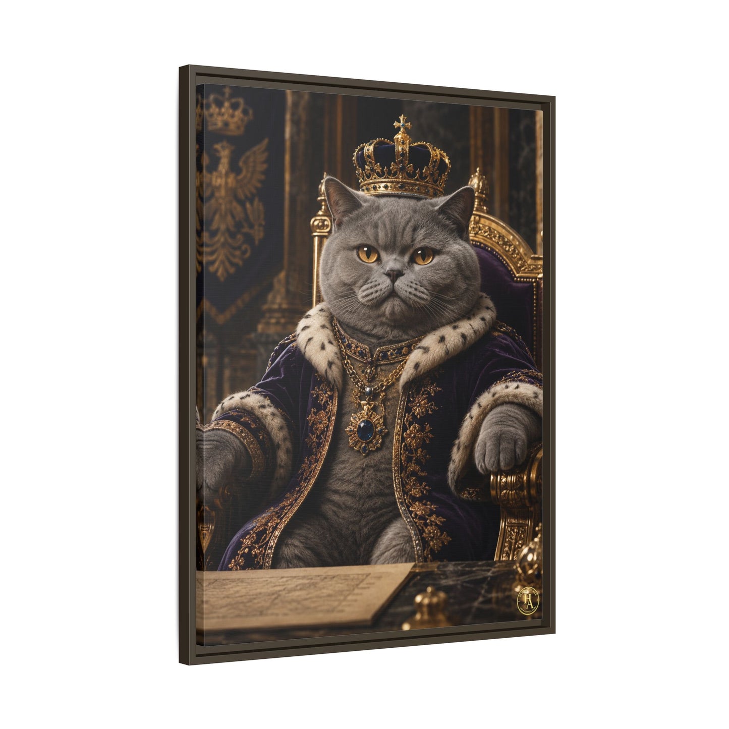Regal British Shorthair Cat Portrait Framed Canvas — His Royal Whiskers Cat Wall Art  by House of Ace