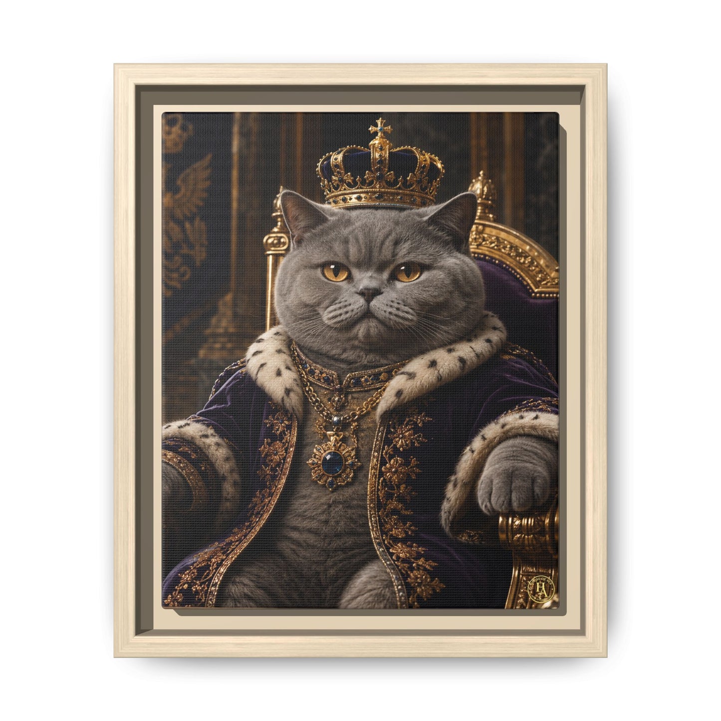 Regal British Shorthair Cat Portrait Framed Canvas — His Royal Whiskers Cat Wall Art  by House of Ace
