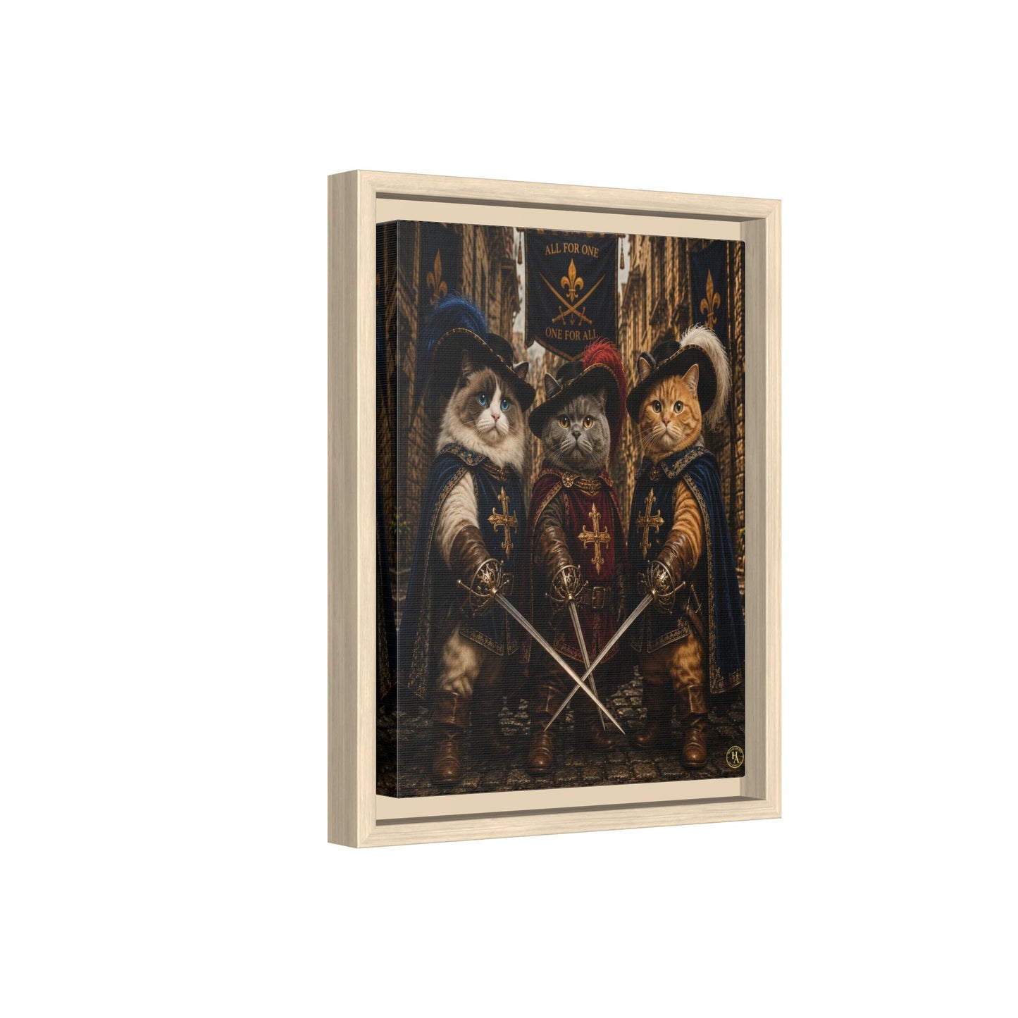 3 Musketeer Cats (The Three Musker Paws) – All for One, One for All Framed Canvas by House of Ace