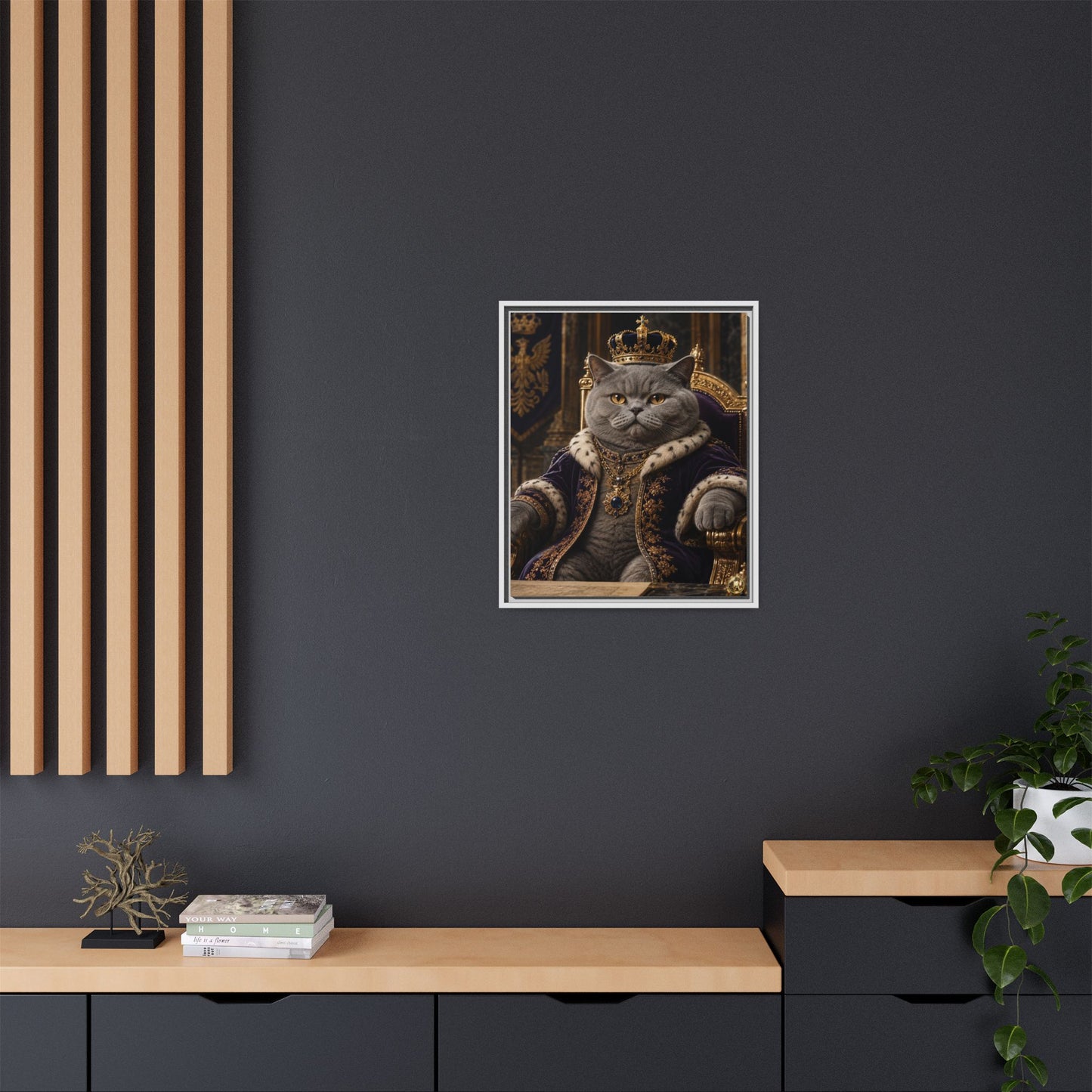 Regal British Shorthair Cat Portrait Framed Canvas — His Royal Whiskers Cat Wall Art  by House of Ace