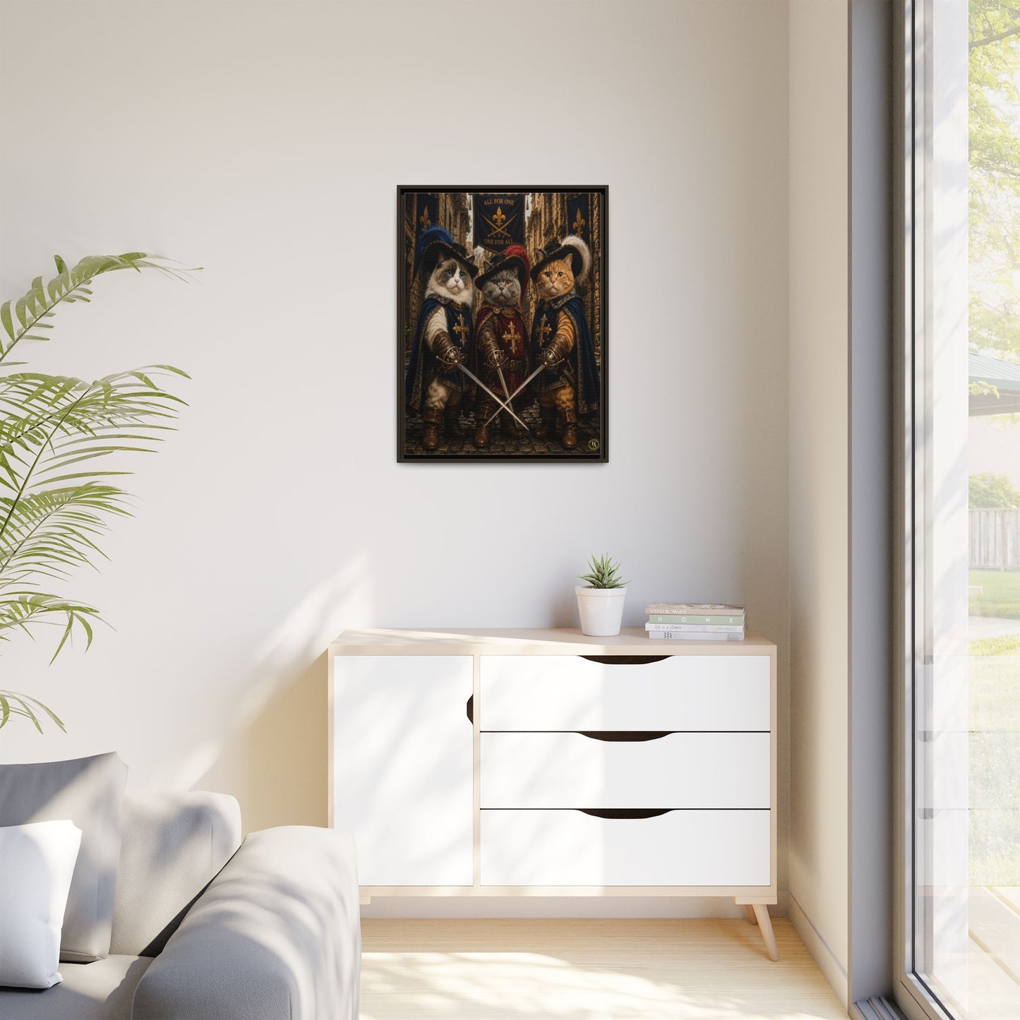 3 Musketeer Cats (The Three Musker Paws) – All for One, One for All Framed Canvas by House of Ace