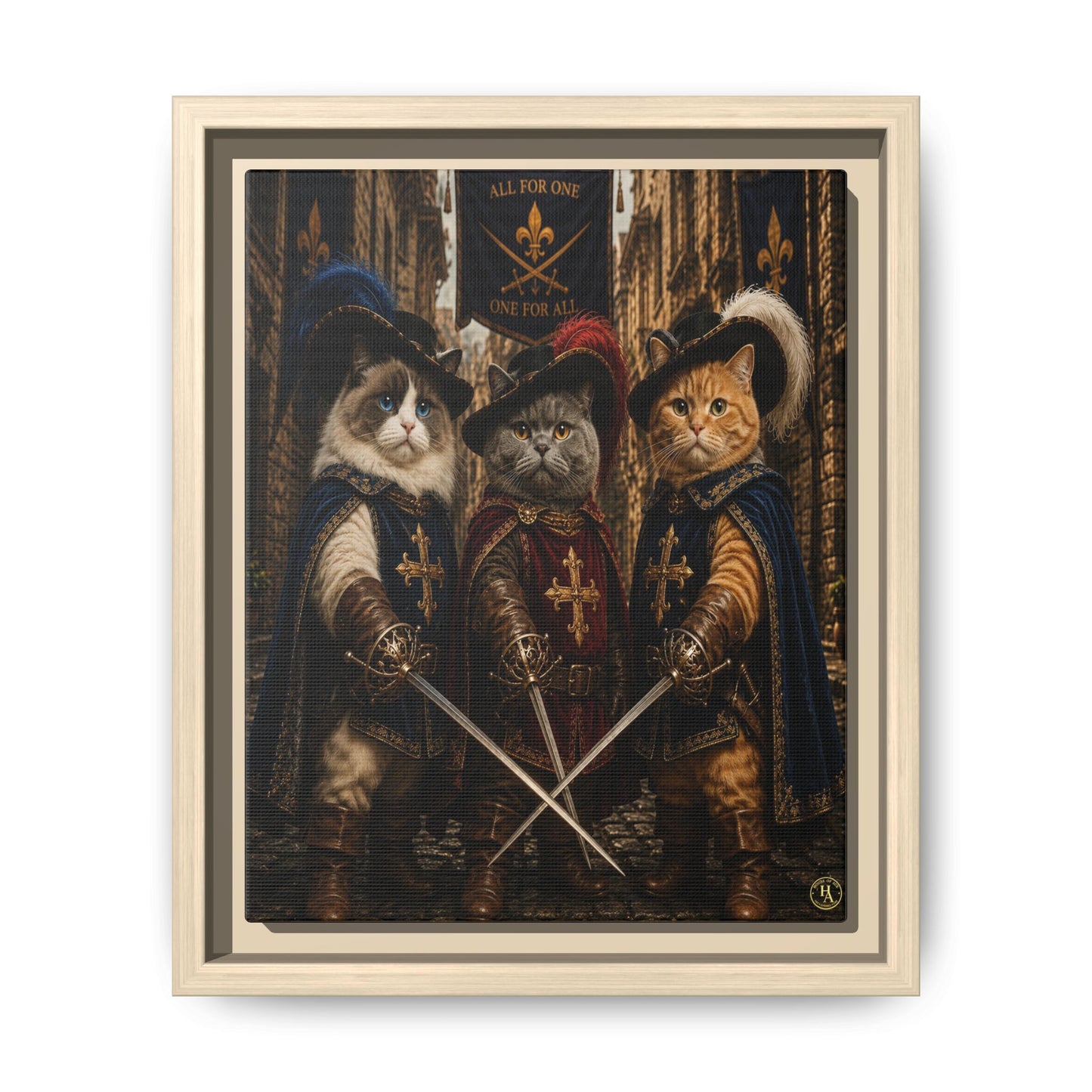 3 Musketeer Cats (The Three Musker Paws) – All for One, One for All Framed Canvas by House of Ace