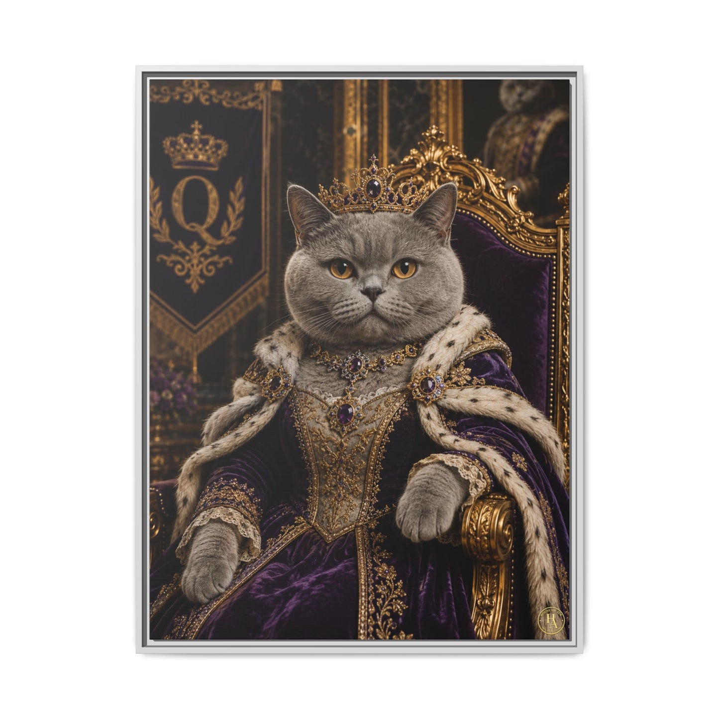 Crimson Queen Whiskers – Regal British Shorthair Framed Canvas by House of Ace Regal Cat Portrait Canvas