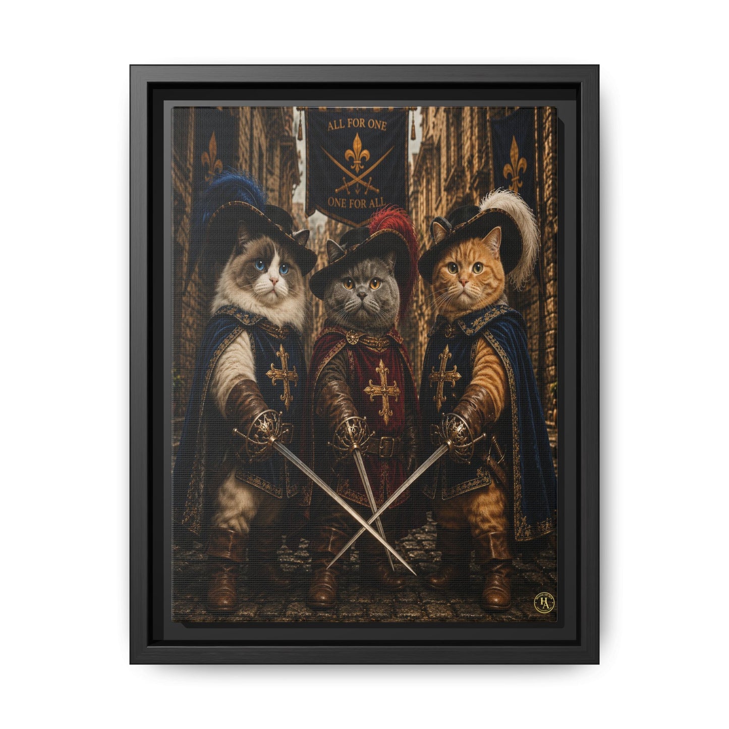 3 Musketeer Cats (The Three Musker Paws) – All for One, One for All Framed Canvas by House of Ace