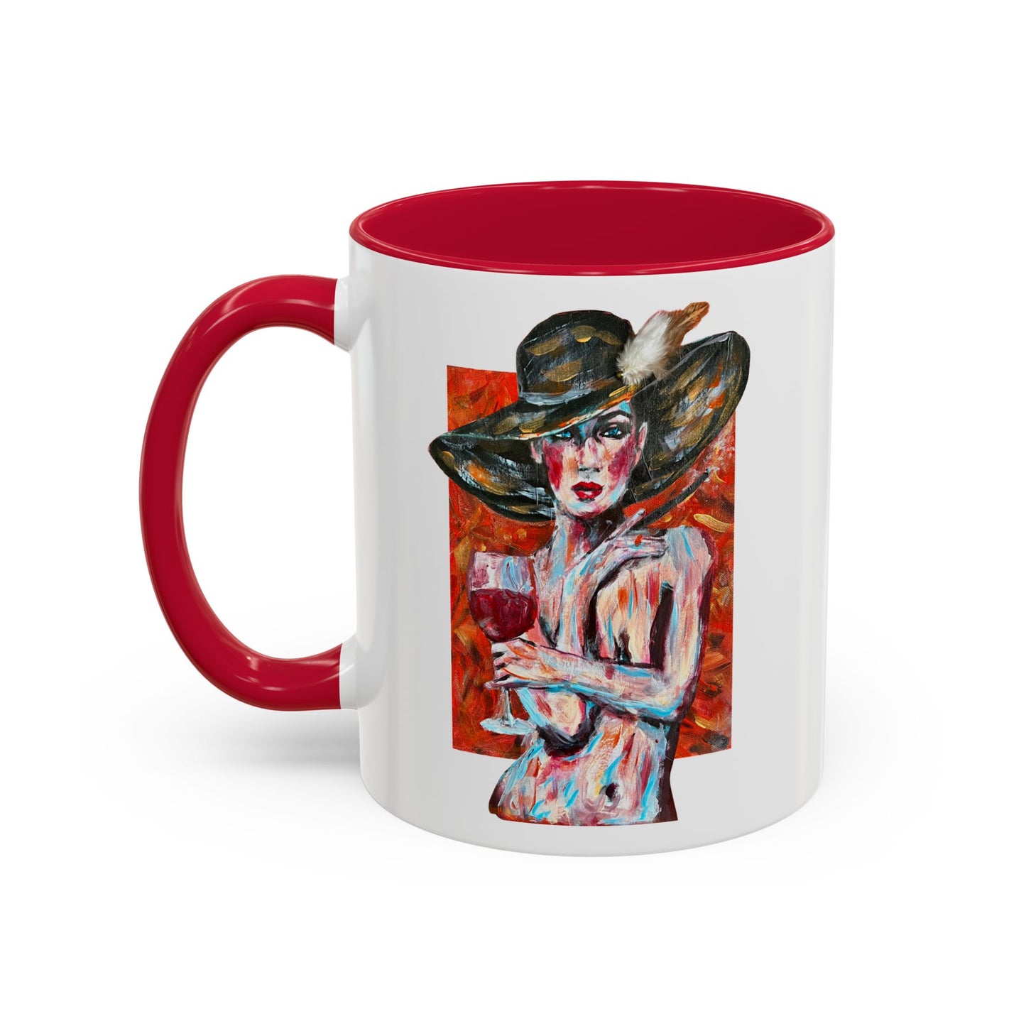 Crimson Elegance – Original Acrylic Art Accent Mug House of Aces Logo Mug — 11oz/15oz Ceramic Coffee Cup (Black Handle & Rim)