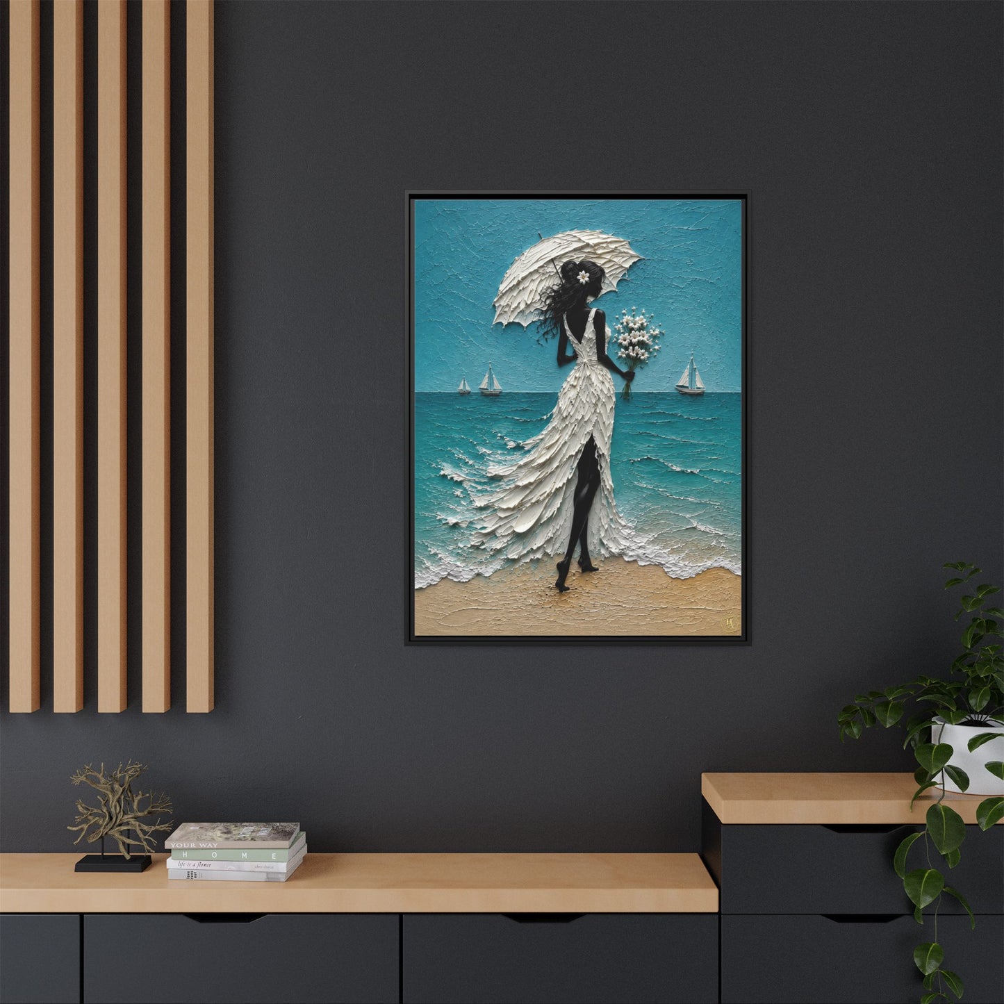 Romantic Beach Lady Framed Canvas Print — Matte Seaside Wall Art