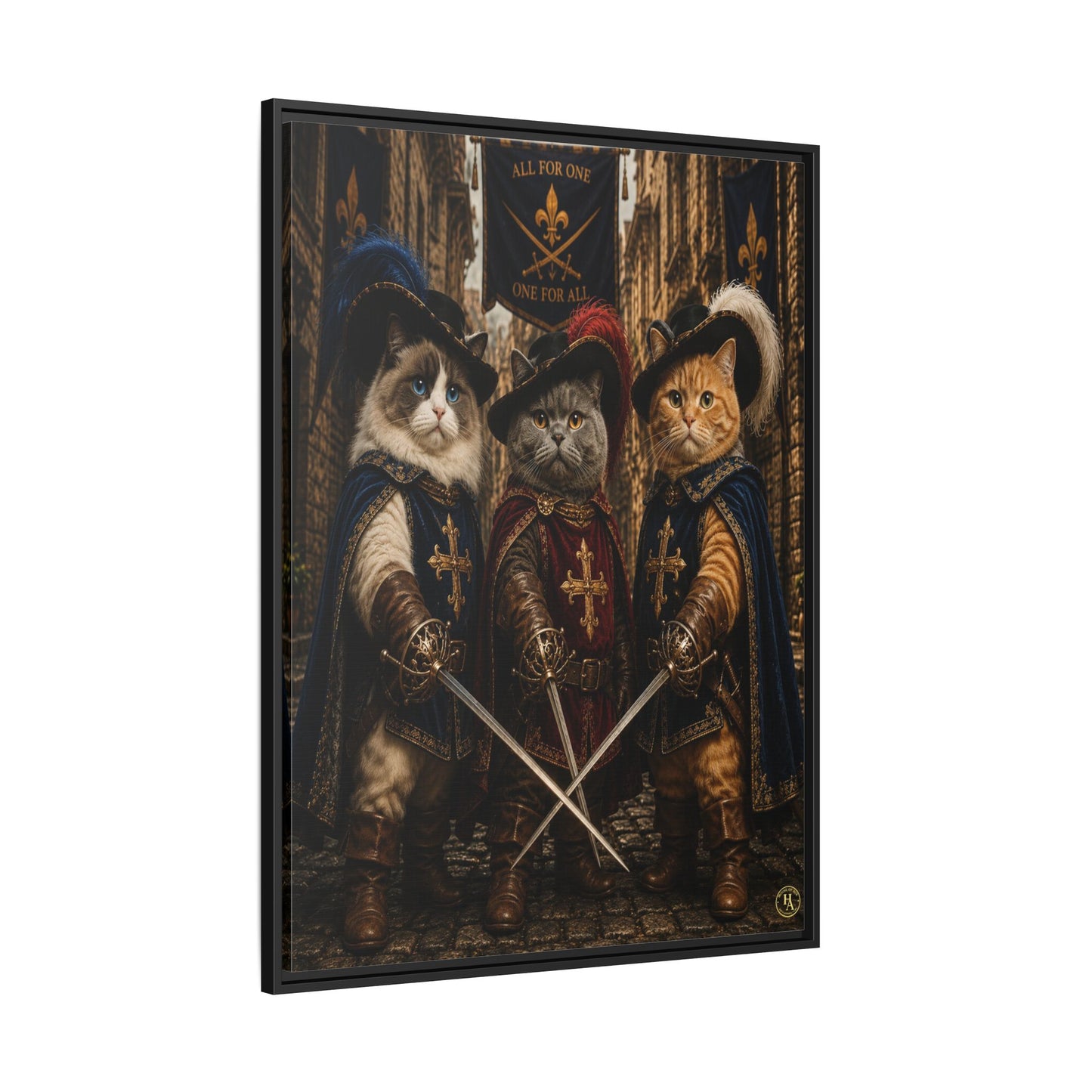 3 Musketeer Cats (The Three Musker Paws) – All for One, One for All Framed Canvas by House of Ace