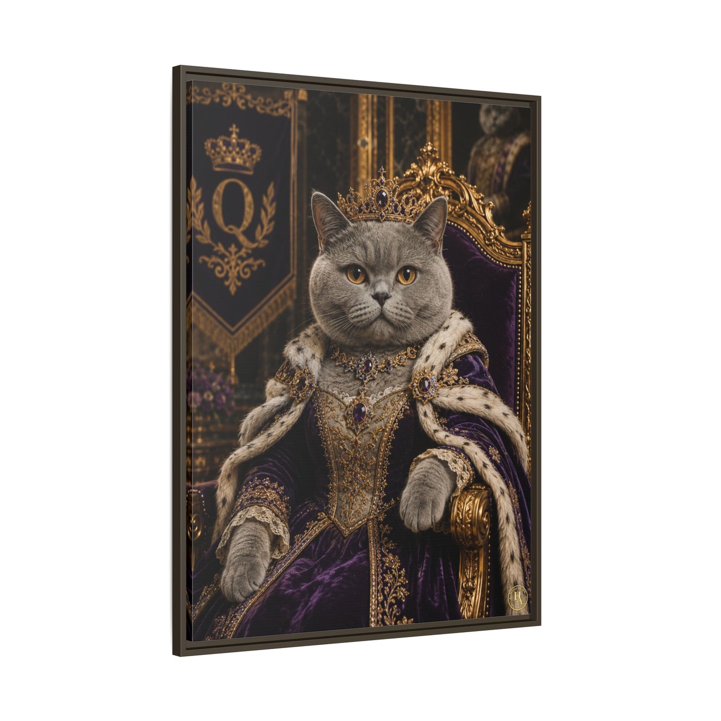 Crimson Queen Whiskers – Regal British Shorthair Framed Canvas by House of Ace Regal Cat Portrait Canvas