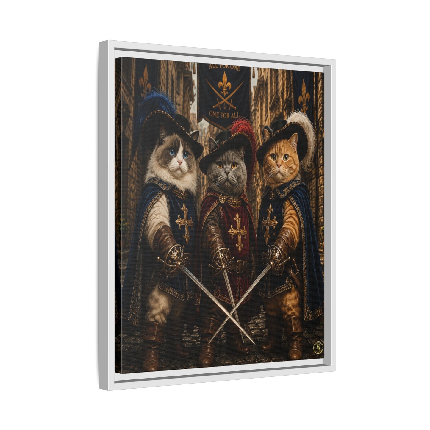 3 Musketeer Cats (The Three Musker Paws) – All for One, One for All Framed Canvas by House of Ace