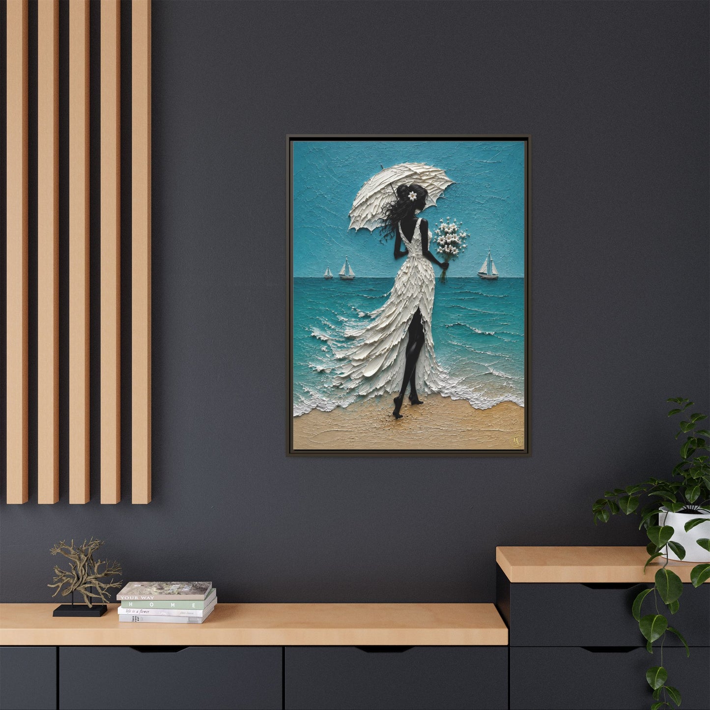 Romantic Beach Lady Framed Canvas Print — Matte Seaside Wall Art