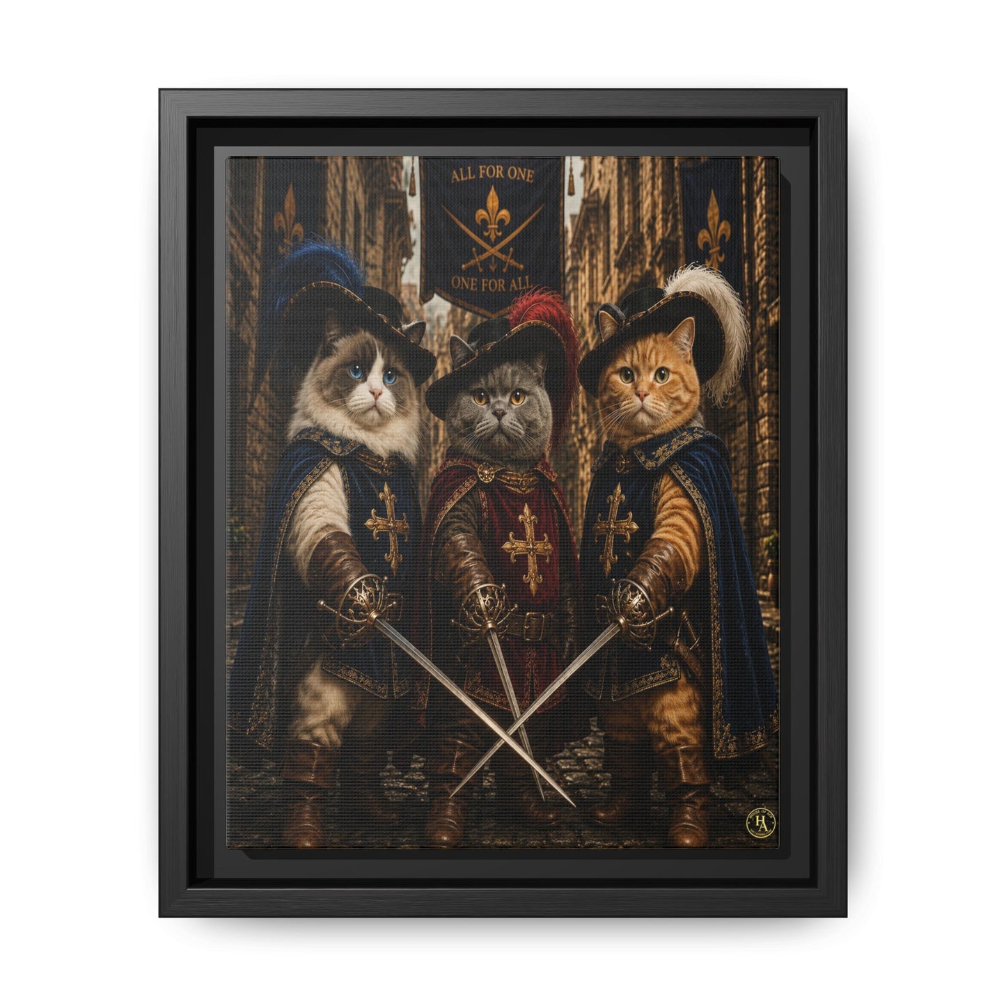 3 Musketeer Cats (The Three Musker Paws) – All for One, One for All Framed Canvas by House of Ace