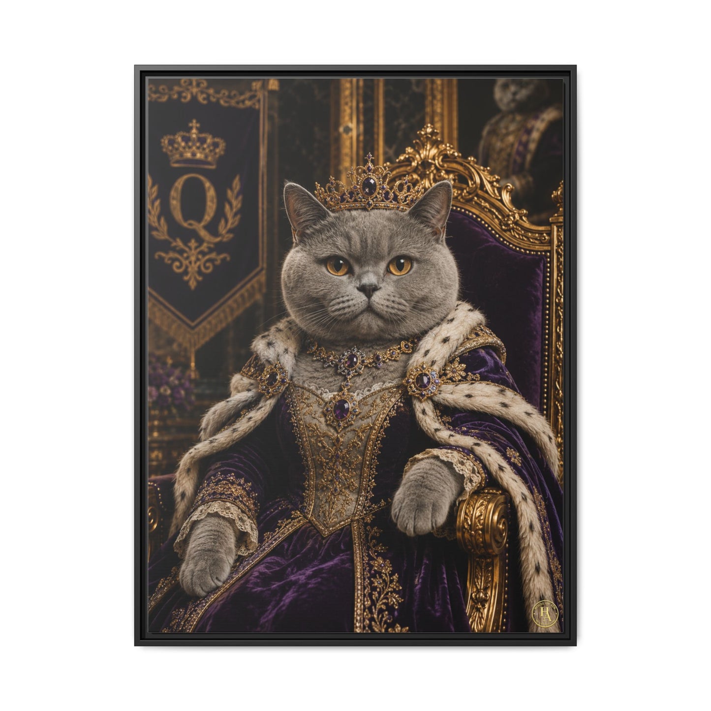 Crimson Queen Whiskers – Regal British Shorthair Framed Canvas by House of Ace Regal Cat Portrait Canvas