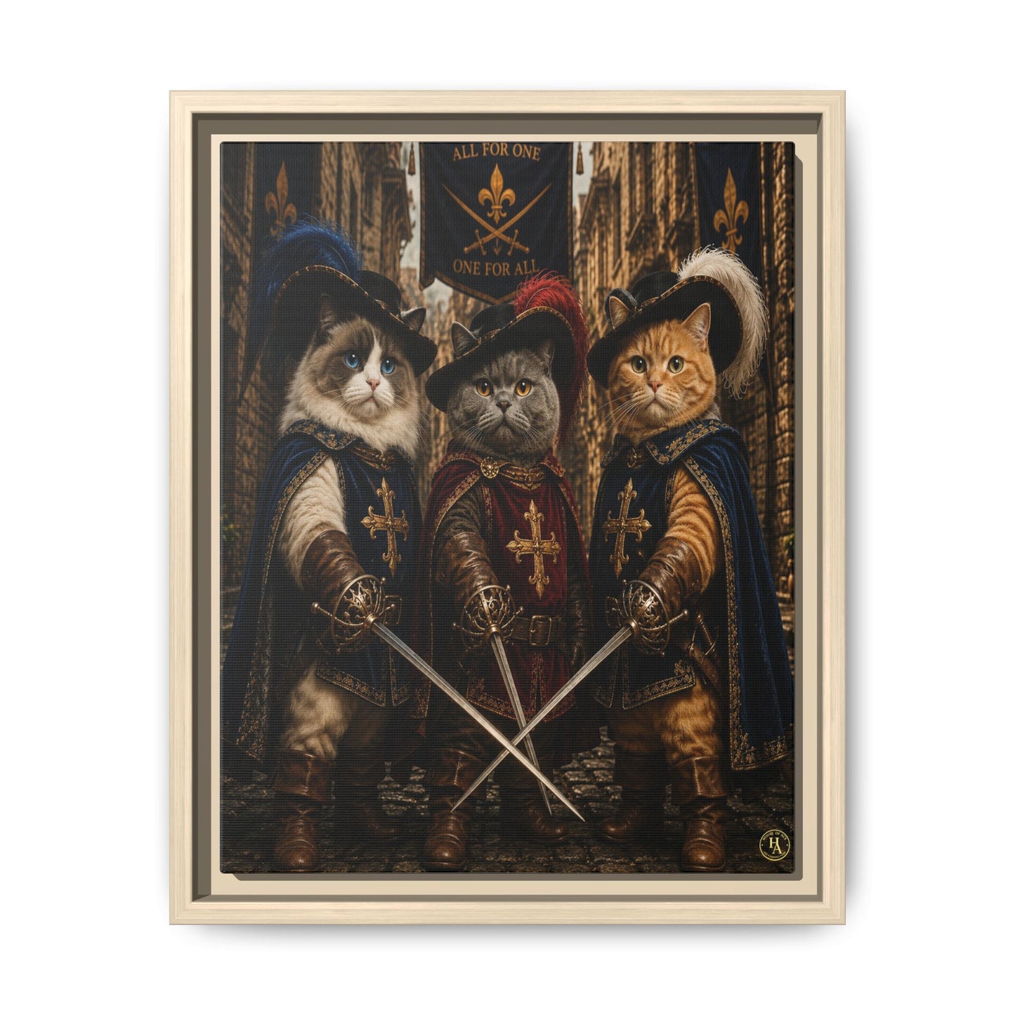 3 Musketeer Cats (The Three Musker Paws) – All for One, One for All Framed Canvas by House of Ace