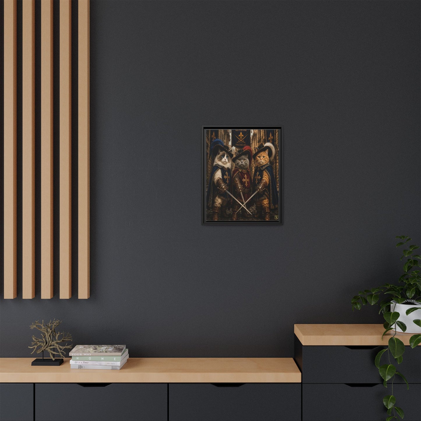 3 Musketeer Cats (The Three Musker Paws) – All for One, One for All Framed Canvas by House of Ace
