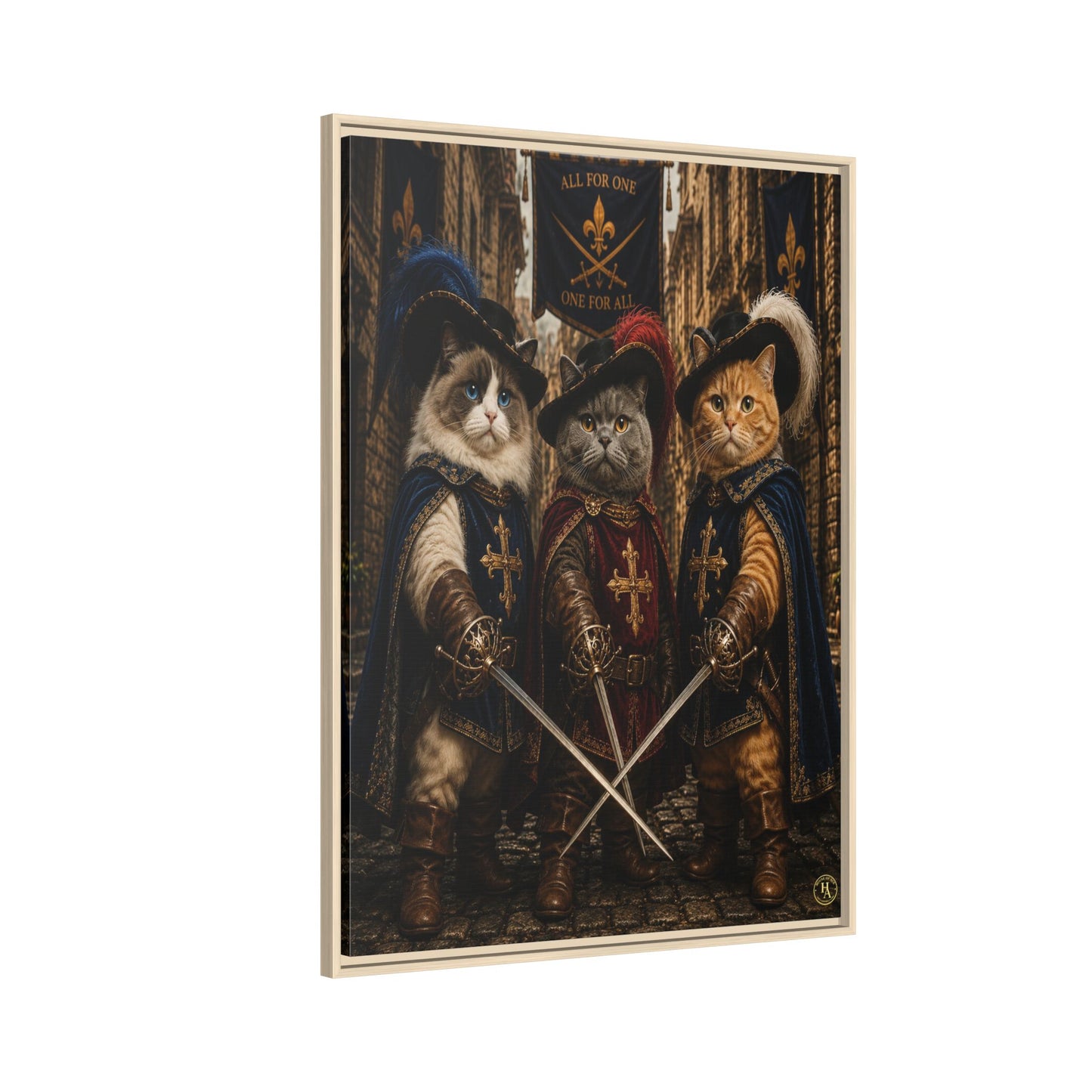 3 Musketeer Cats (The Three Musker Paws) – All for One, One for All Framed Canvas by House of Ace