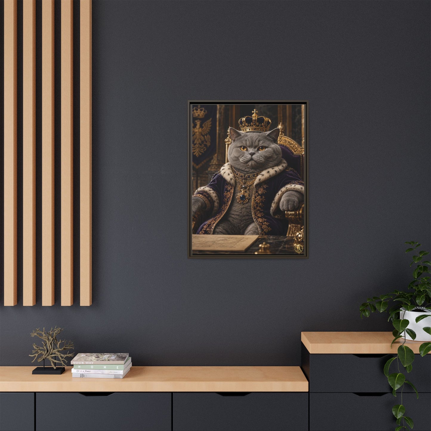 Regal British Shorthair Cat Portrait Framed Canvas — His Royal Whiskers Cat Wall Art  by House of Ace
