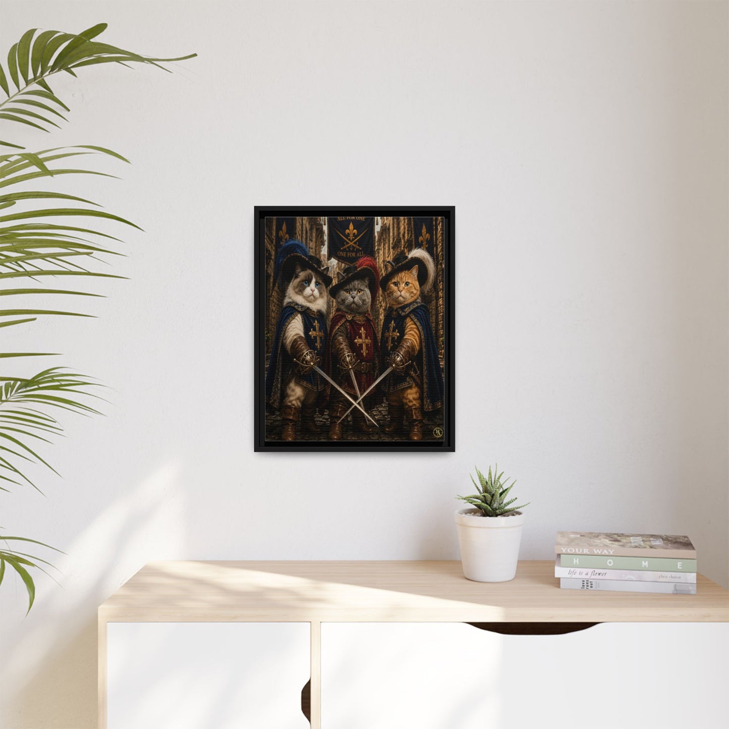 3 Musketeer Cats (The Three Musker Paws) – All for One, One for All Framed Canvas by House of Ace