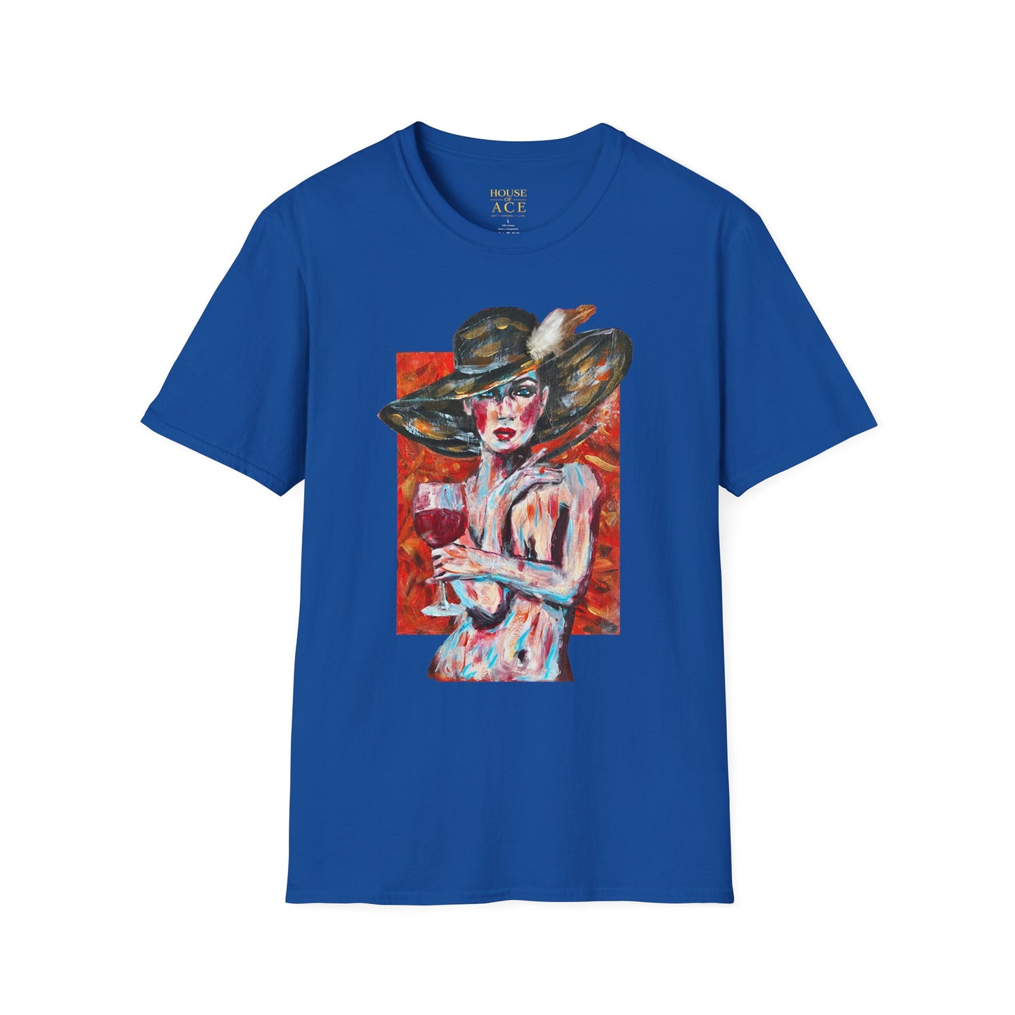 Artistic Woman in Wide-Brim Hat T-Shirt Crimson Elegance – Original Acrylic Art Graphic Tee