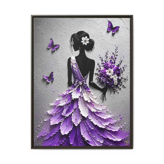 Purple Petal Elegance Framed Matte Canvas Wall Art – Feminine Silhouette Floral Dress Artwork  Description