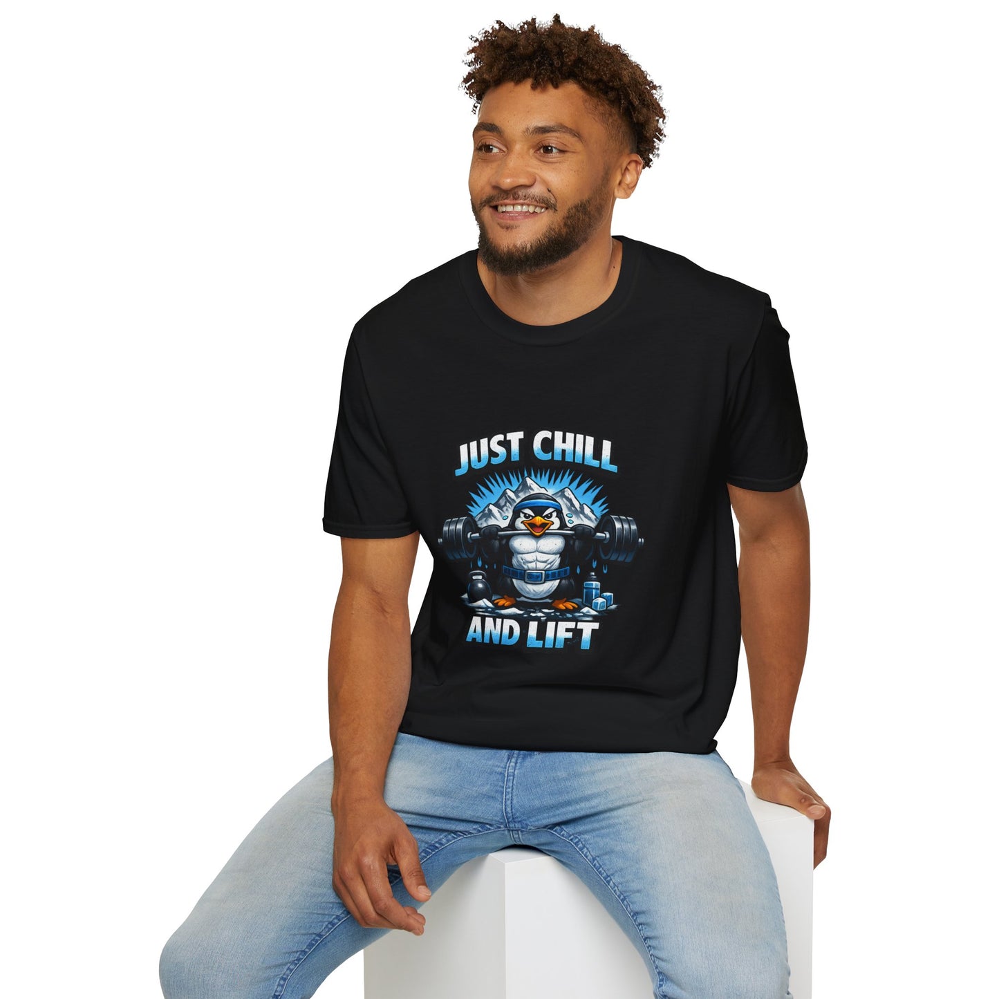 Just Chill and Lift T-Shirt — Funny Gym Penguin Weightlifting Tee by House of Ace