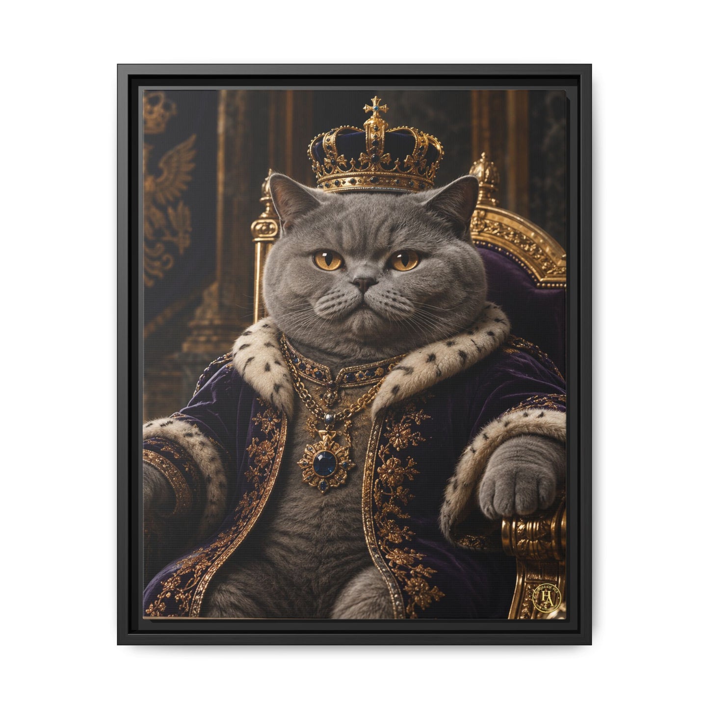 Regal British Shorthair Cat Portrait Framed Canvas — His Royal Whiskers Cat Wall Art  by House of Ace