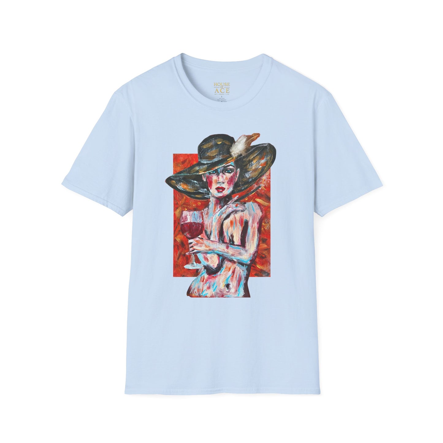 Artistic Woman in Wide-Brim Hat T-Shirt Crimson Elegance – Original Acrylic Art Graphic Tee