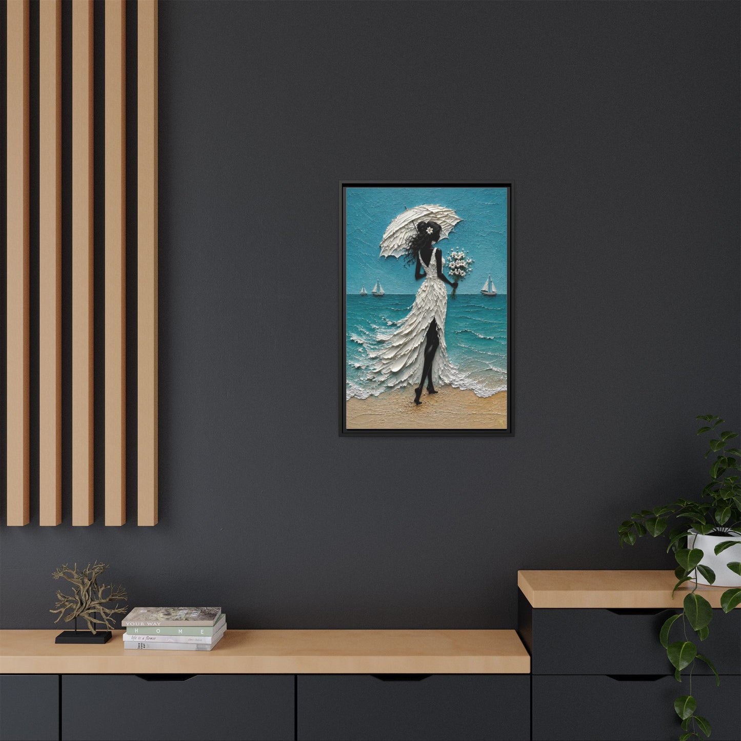 Romantic Beach Lady Framed Canvas Print — Matte Seaside Wall Art