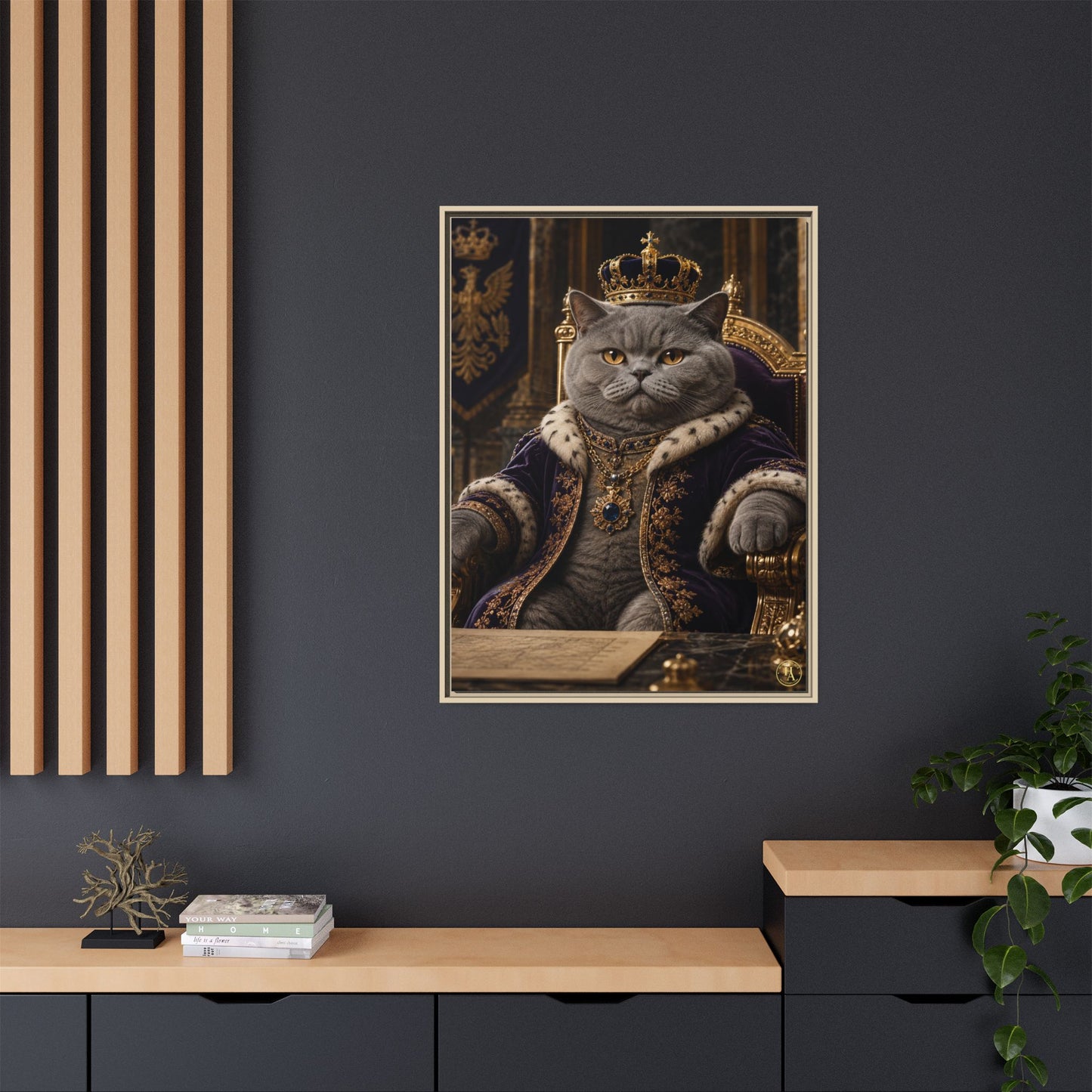 Regal British Shorthair Cat Portrait Framed Canvas — His Royal Whiskers Cat Wall Art  by House of Ace
