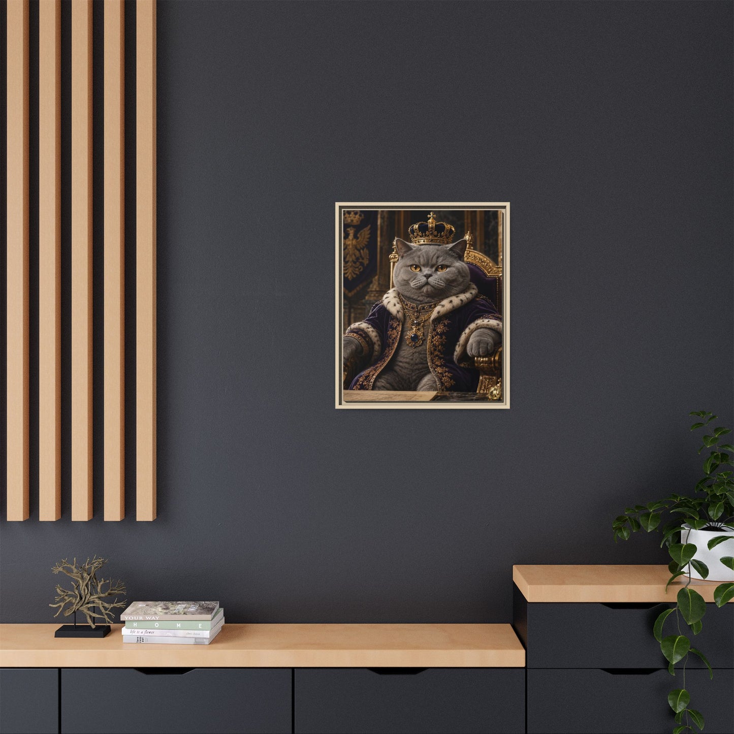 Regal British Shorthair Cat Portrait Framed Canvas — His Royal Whiskers Cat Wall Art  by House of Ace