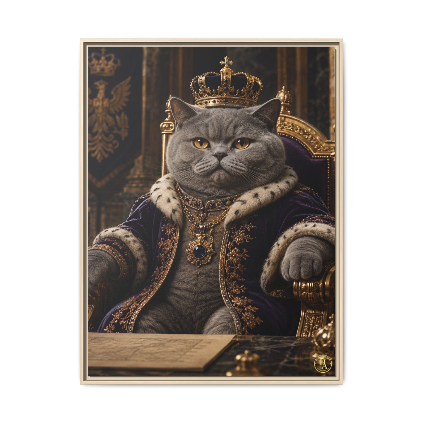 Regal British Shorthair Cat Portrait Framed Canvas — His Royal Whiskers Cat Wall Art  by House of Ace