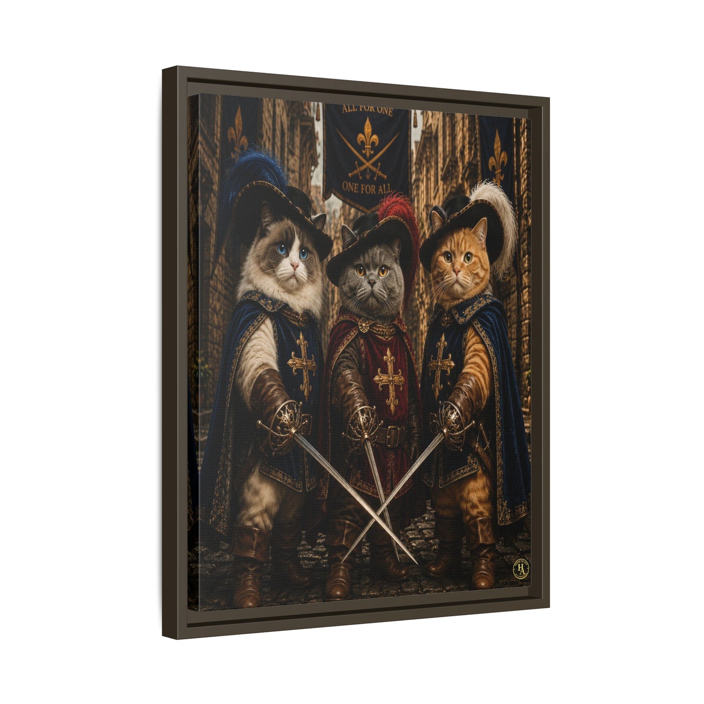 3 Musketeer Cats (The Three Musker Paws) – All for One, One for All Framed Canvas by House of Ace