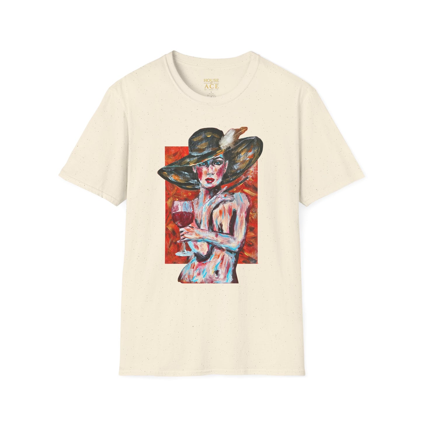 Artistic Woman in Wide-Brim Hat T-Shirt Crimson Elegance – Original Acrylic Art Graphic Tee