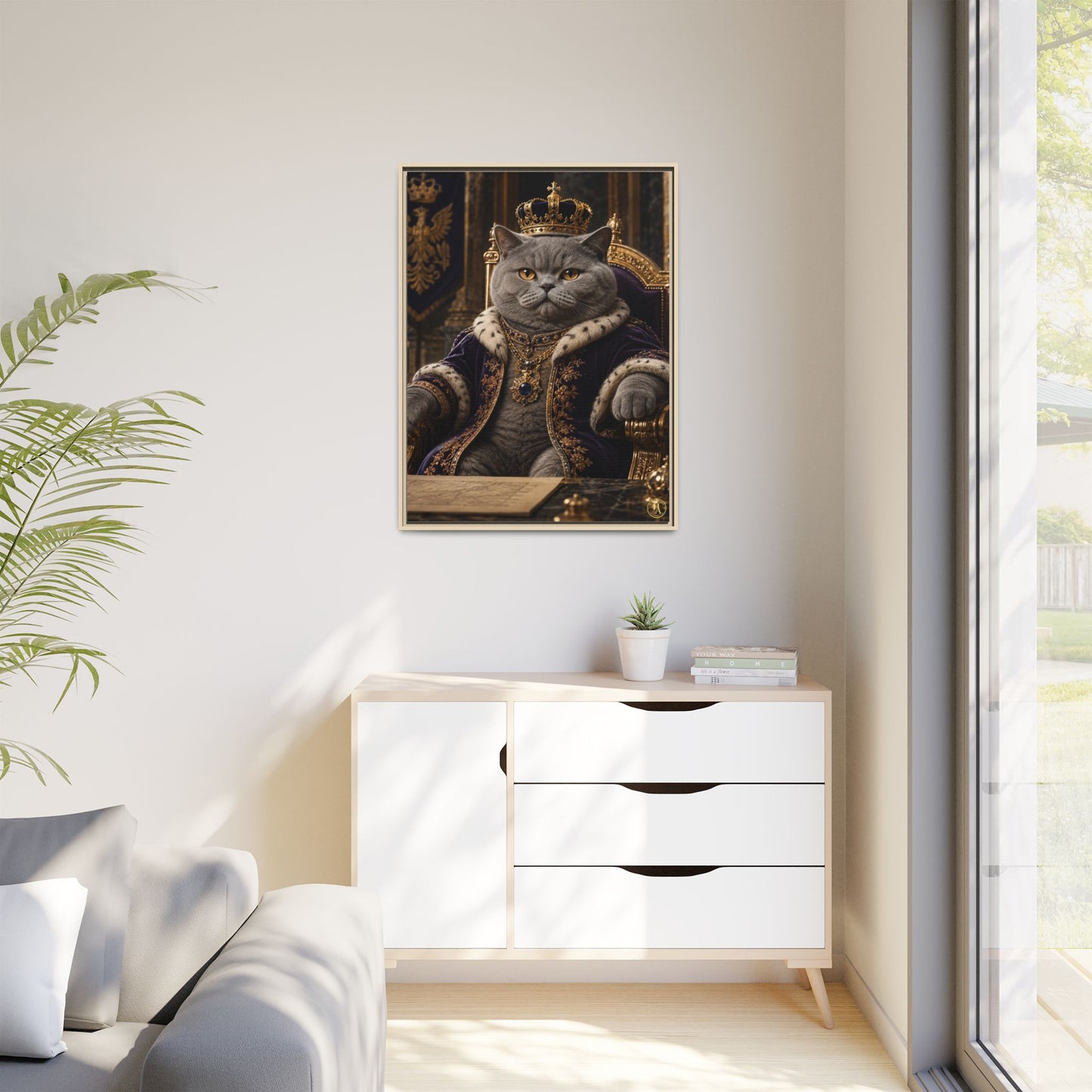 Regal British Shorthair Cat Portrait Framed Canvas — His Royal Whiskers Cat Wall Art  by House of Ace