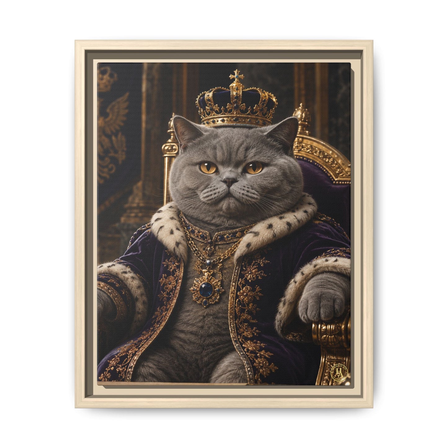 Regal British Shorthair Cat Portrait Framed Canvas — His Royal Whiskers Cat Wall Art  by House of Ace