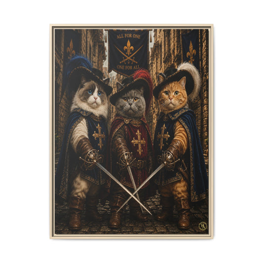 3 Musketeer Cats (The Three Musker Paws) – All for One, One for All Framed Canvas by House of Ace
