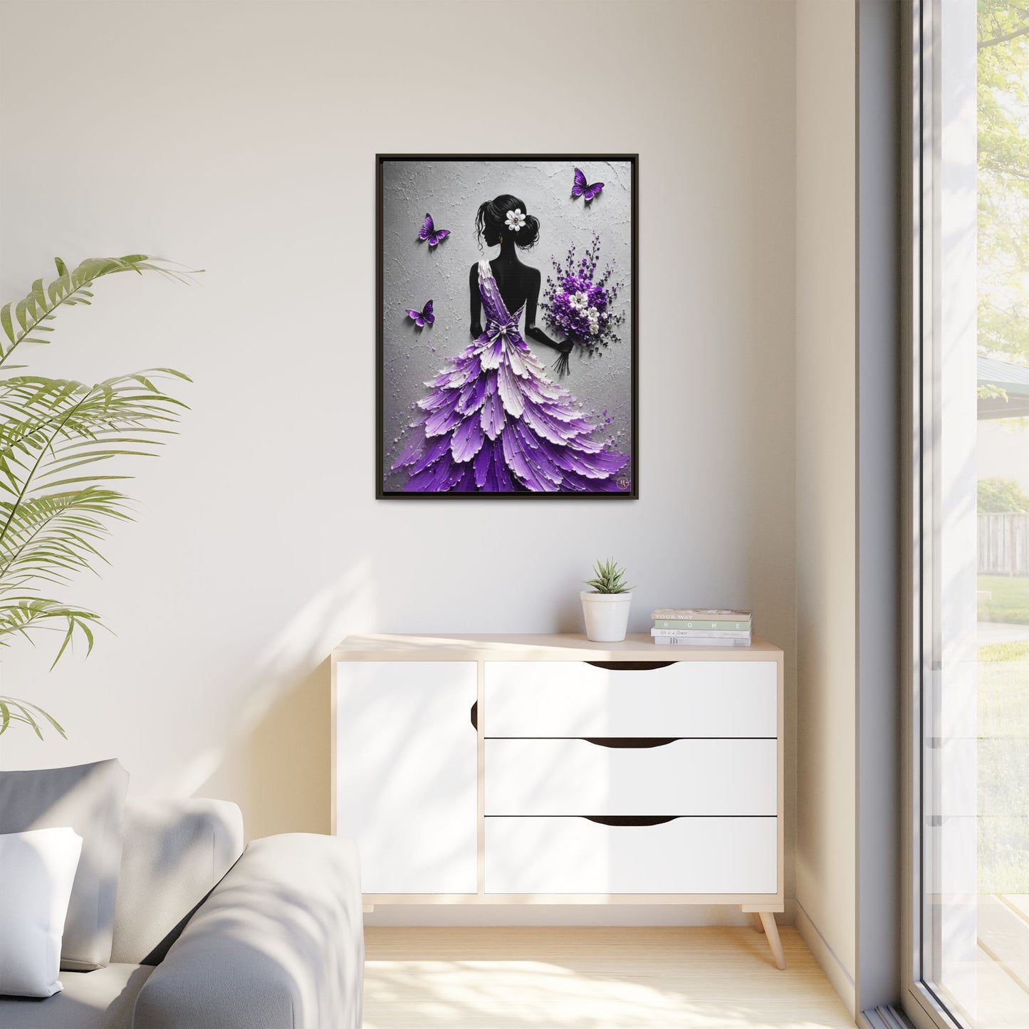 Purple Petal Elegance Framed Matte Canvas Wall Art – Feminine Silhouette Floral Dress Artwork  Description