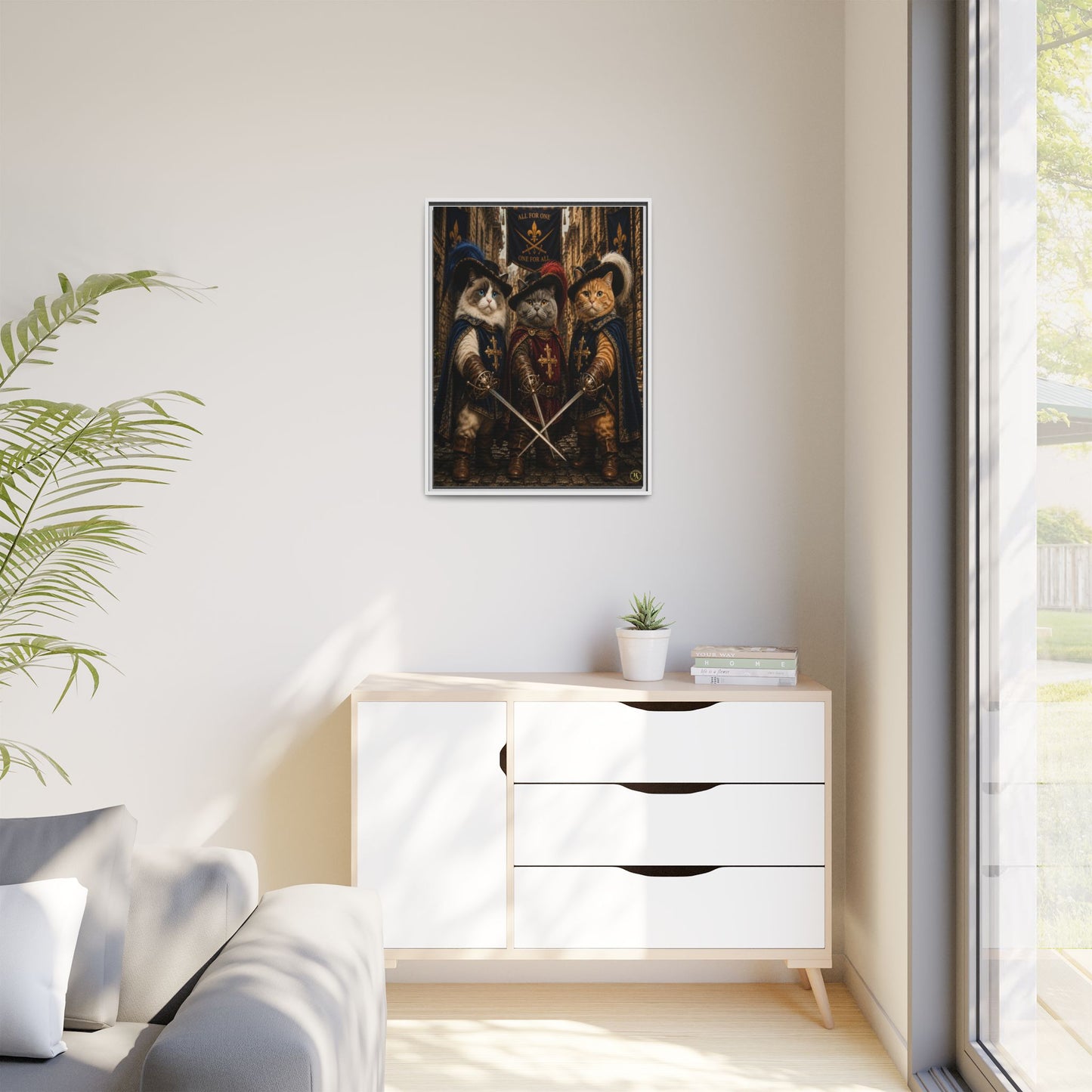 3 Musketeer Cats (The Three Musker Paws) – All for One, One for All Framed Canvas by House of Ace