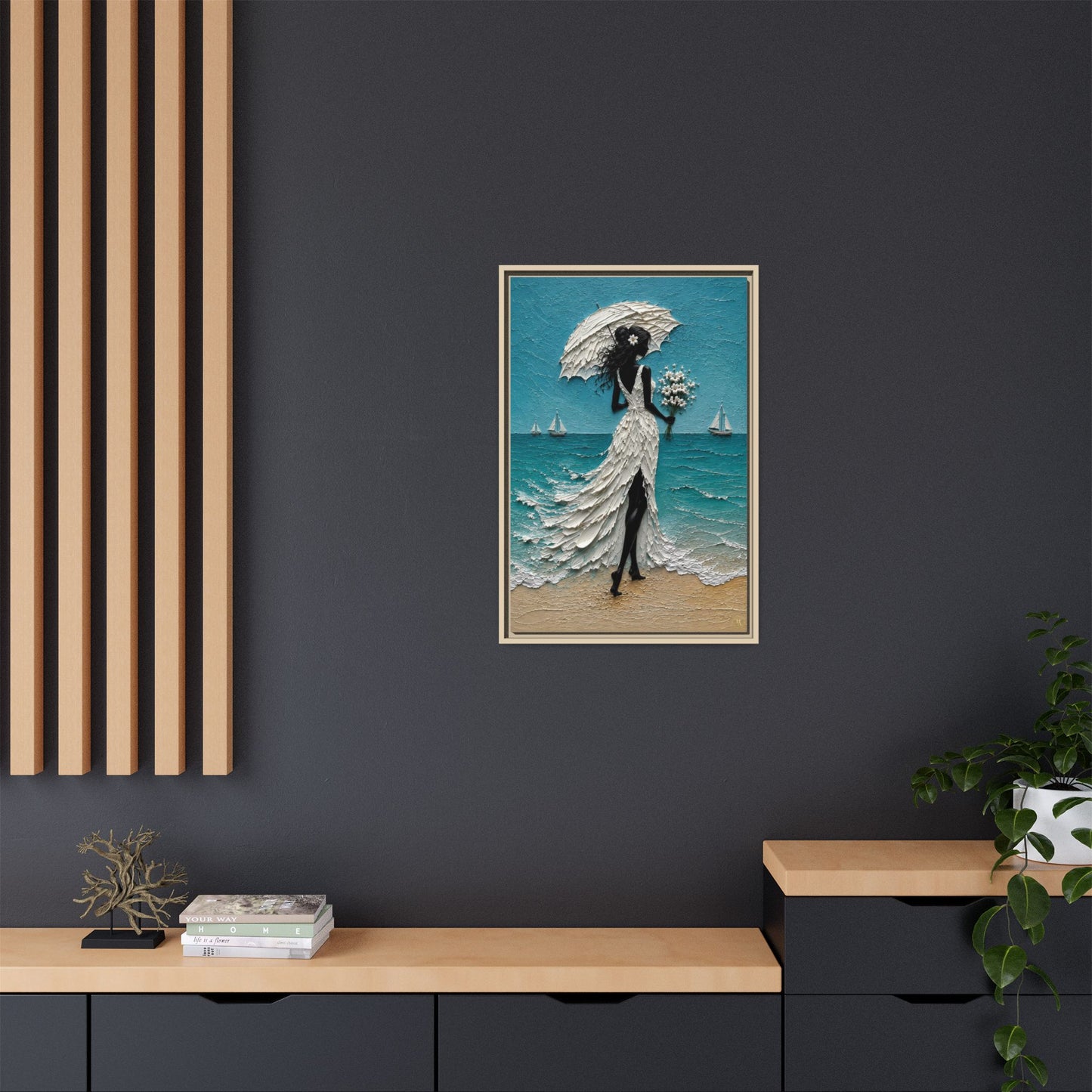 Romantic Beach Lady Framed Canvas Print — Matte Seaside Wall Art