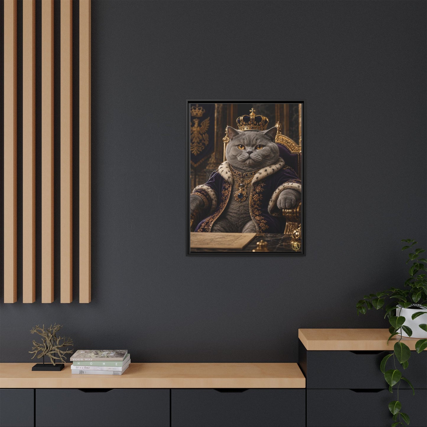 Regal British Shorthair Cat Portrait Framed Canvas — His Royal Whiskers Cat Wall Art  by House of Ace