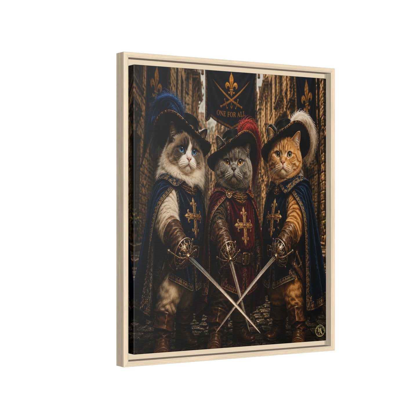 3 Musketeer Cats (The Three Musker Paws) – All for One, One for All Framed Canvas by House of Ace